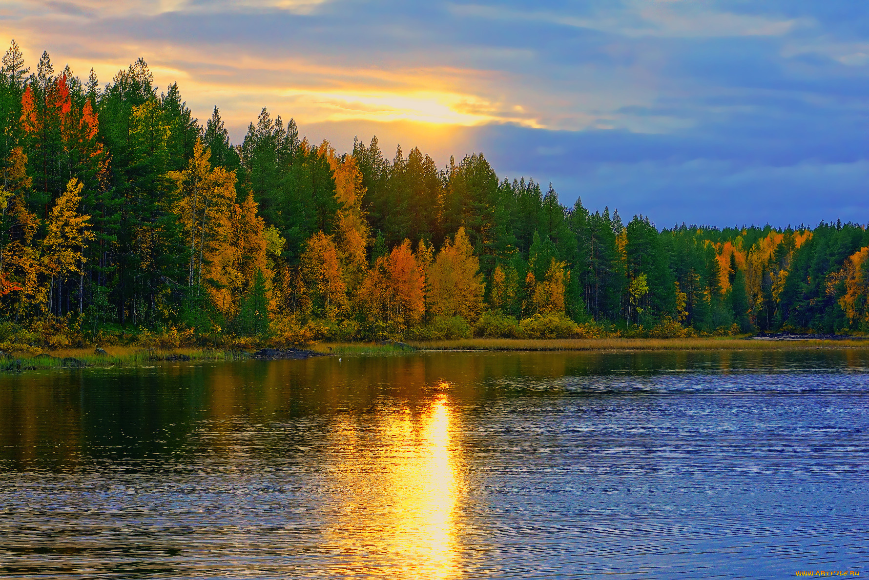 природа, реки, озера, озеро, красота, осень, краски, солнце, закат, вода, вечер