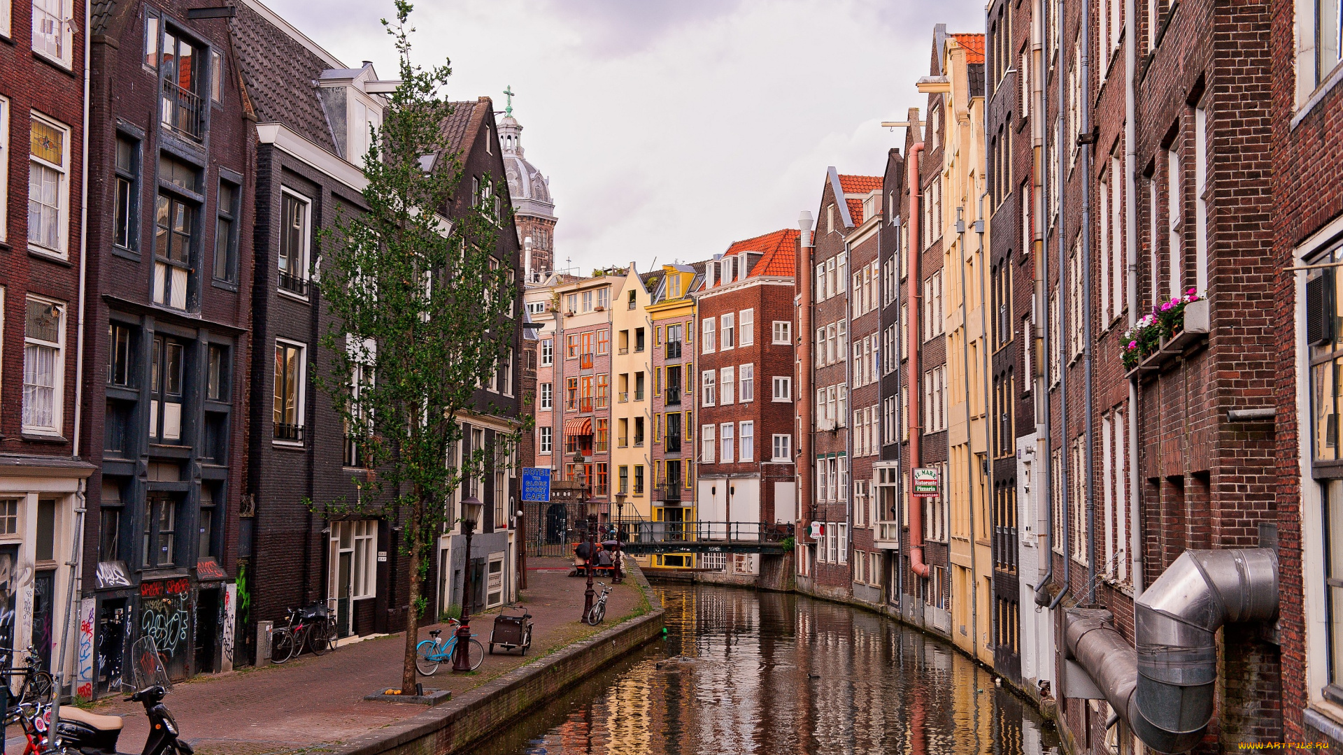 амстердам, нидерланды, города, тротуар, канал, дома, улица