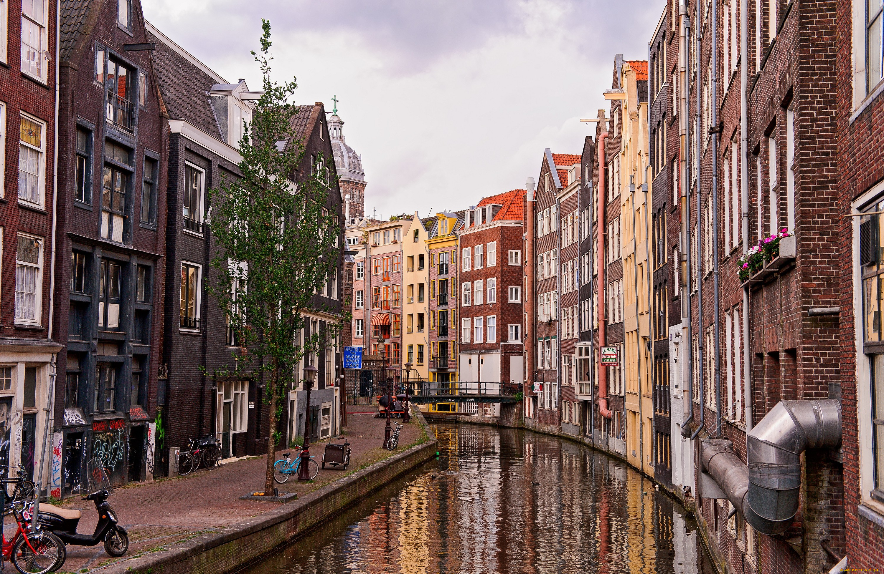 амстердам, нидерланды, города, тротуар, канал, дома, улица