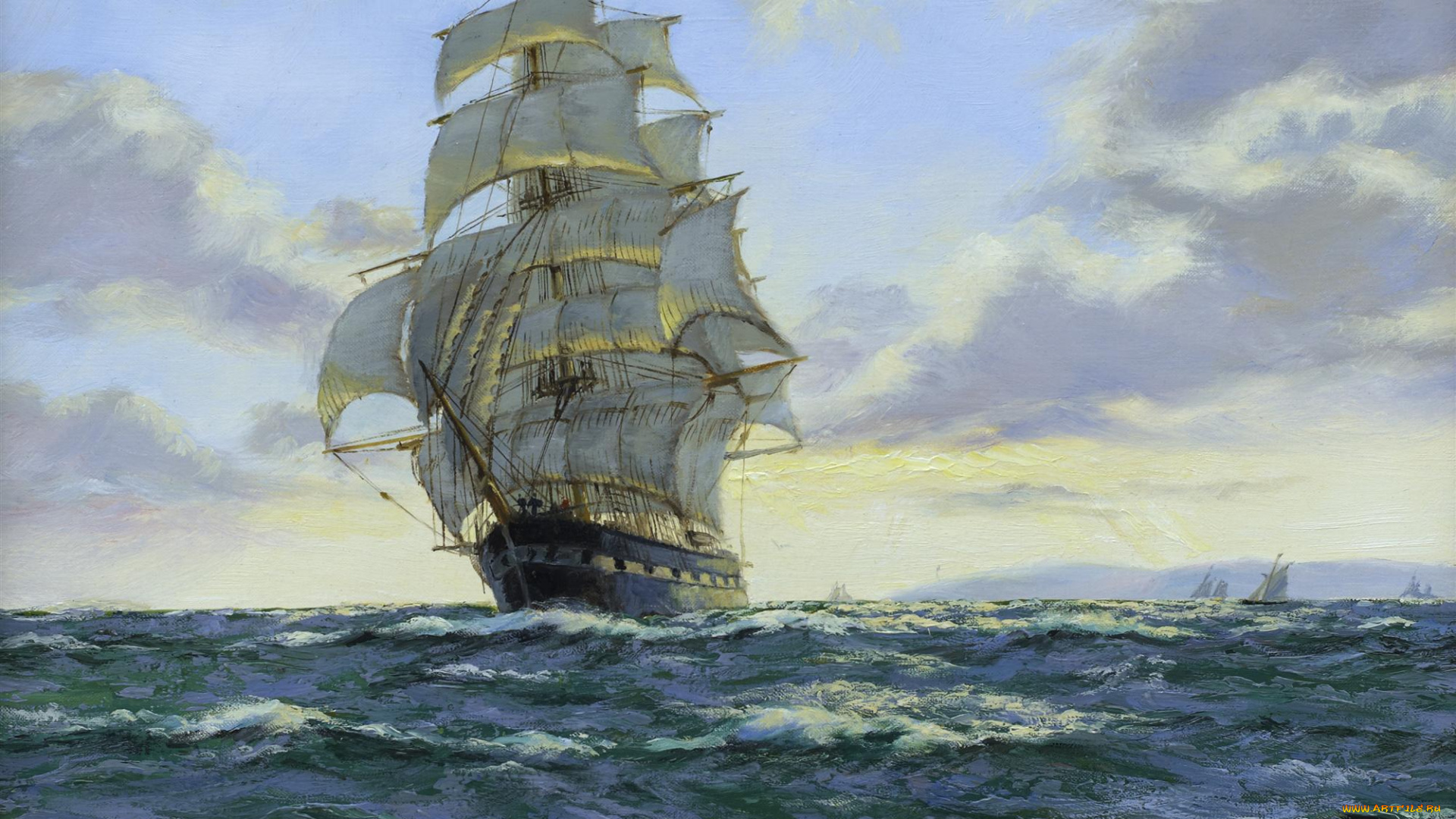 henry, scott, evening, clouds, clipper, ship, golden, fleece, рисованные, фрегат, парусник, море
