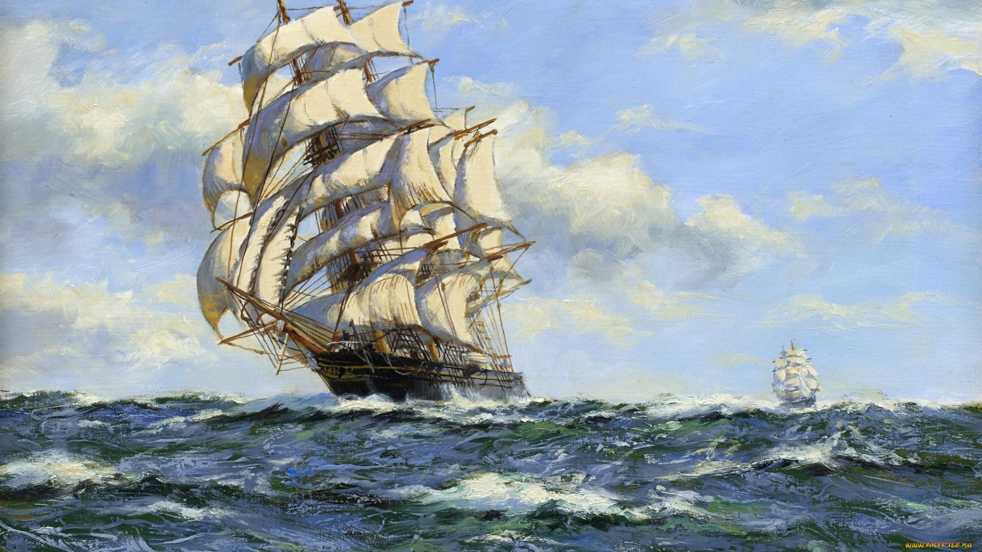 henry, scott, the, clipper, leander, in, full, sail, рисованные, море, фрегат, парусник