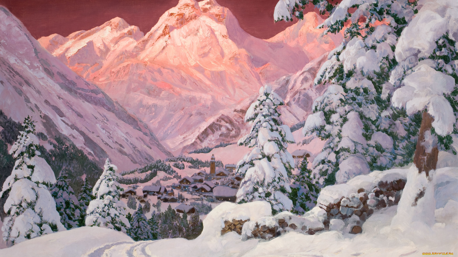 рисованные, alois, arnegger, горы, снег, закат, розовый, альпы, елка, домики, зима