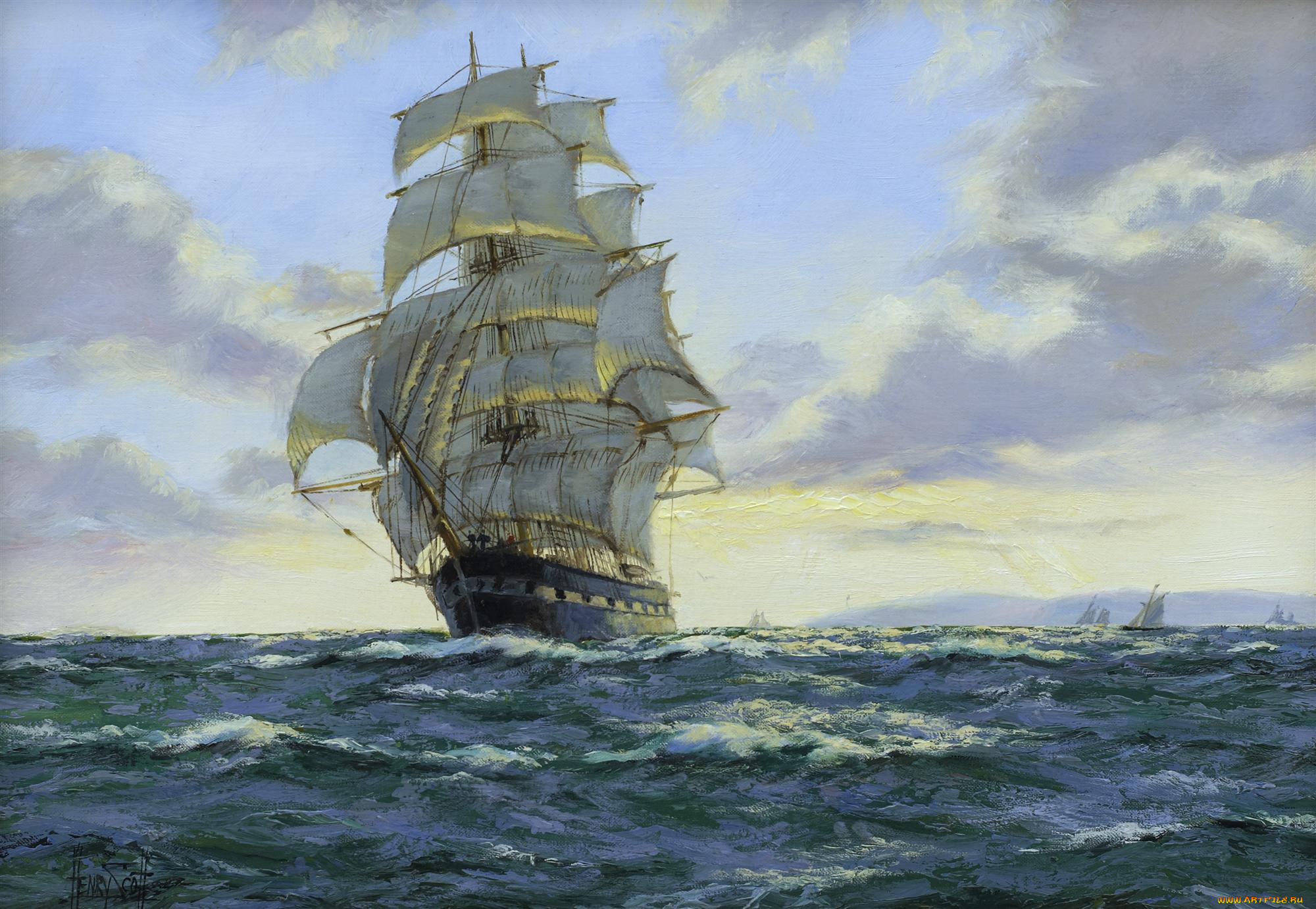 henry, scott, evening, clouds, clipper, ship, golden, fleece, рисованные, фрегат, парусник, море