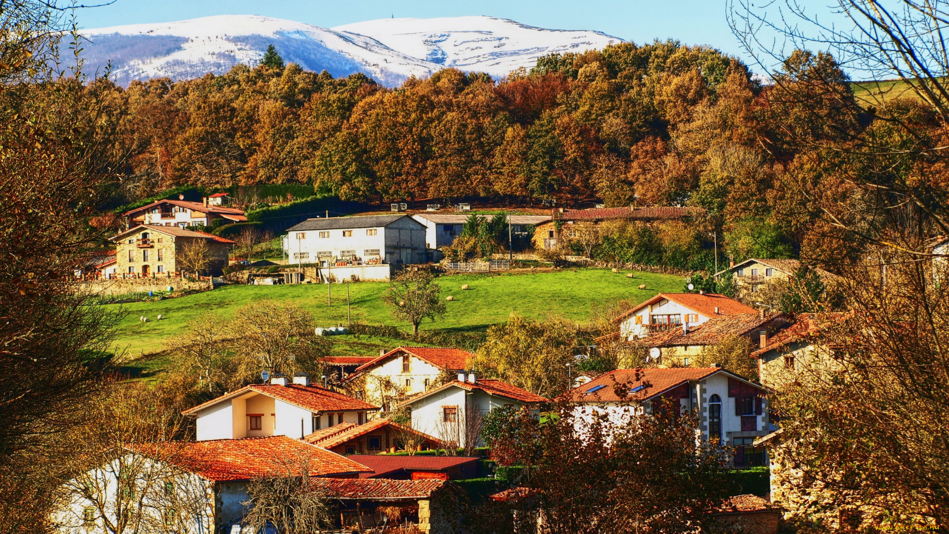 испания, эстрибасьонес, дель, горбеа, города, -, пейзажи, испания, дома, деревья, трава