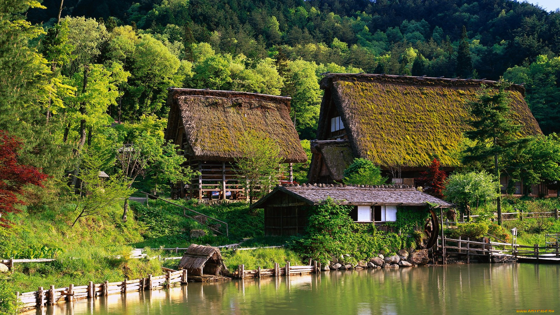 japanese, farm, house, города, -, пейзажи, дома, постройки, река, поля