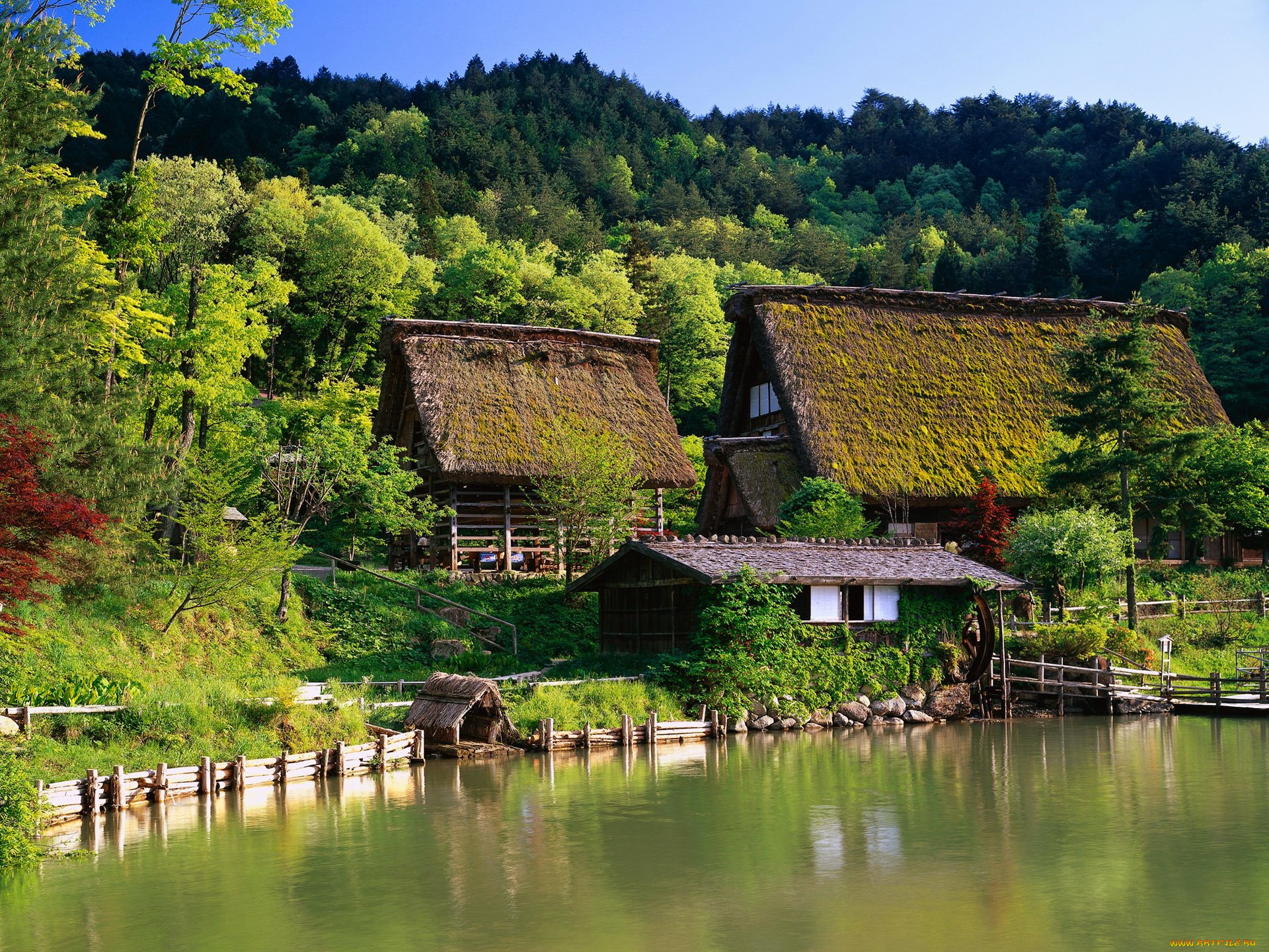 japanese, farm, house, города, -, пейзажи, дома, постройки, река, поля