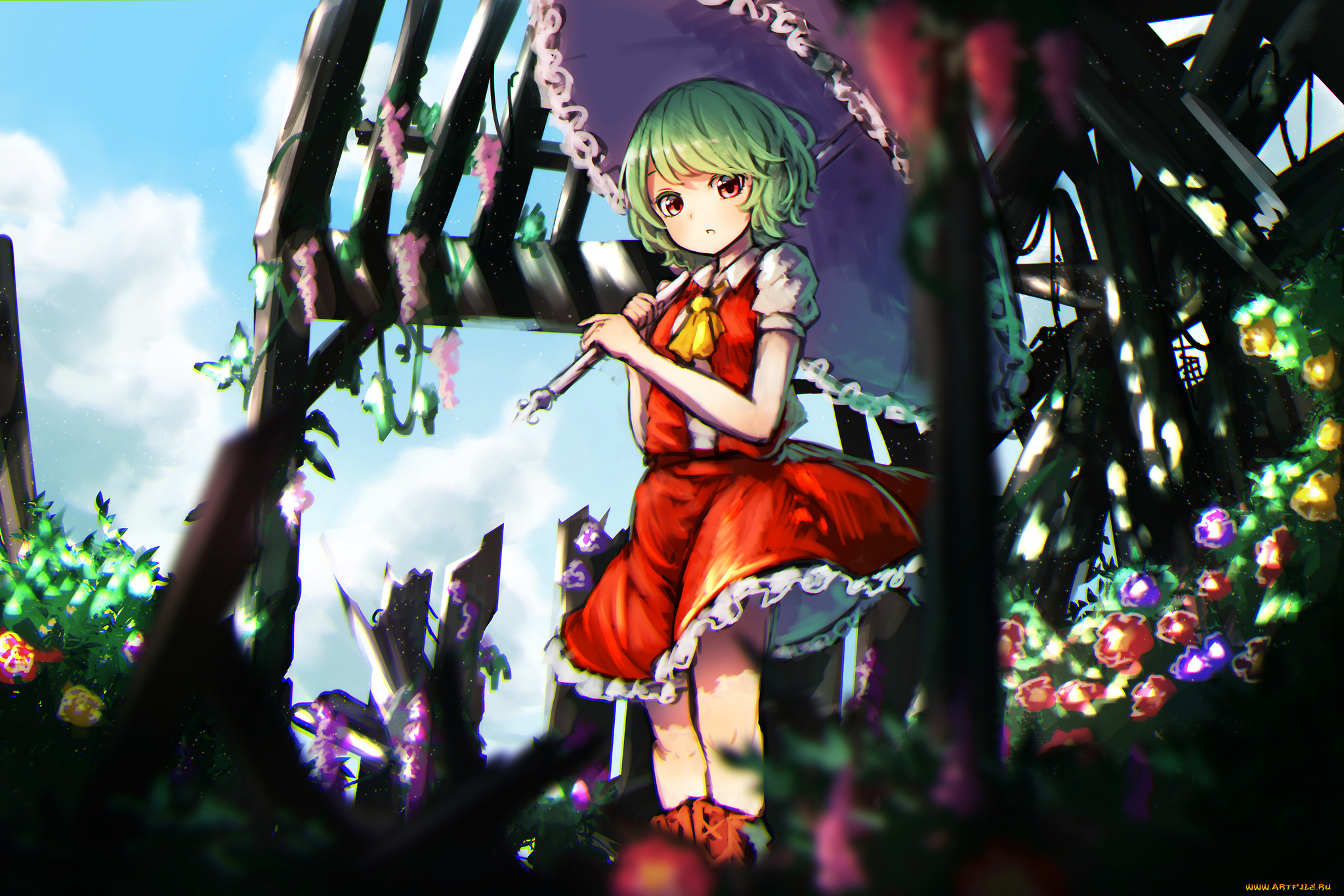 аниме, touhou, девочка, kazami, yuuka, pyonsuke0141, цветы, зонт, арт