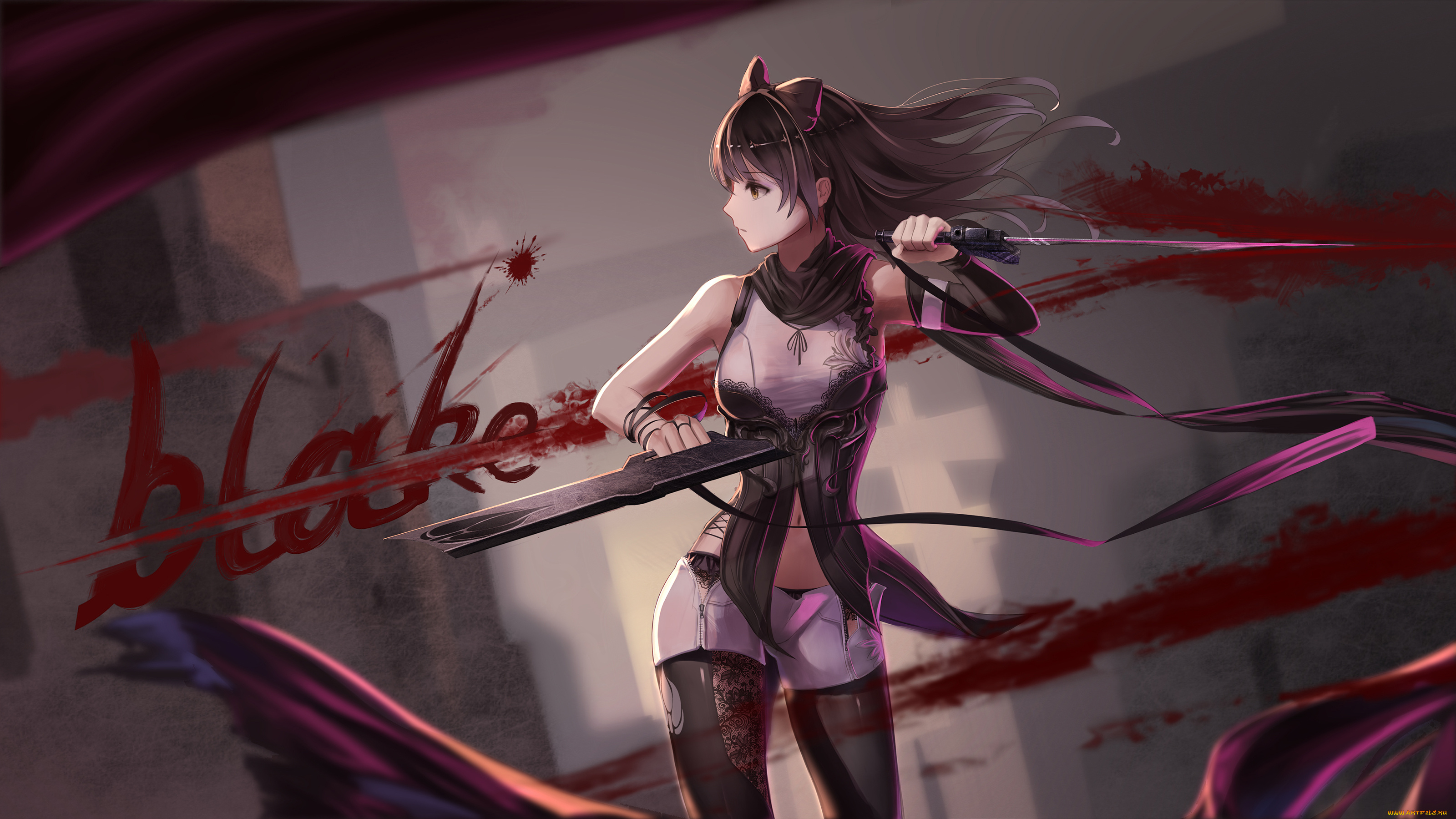 аниме, rwby, blake, belladonna, red, flowers, арт, девушка, оружие