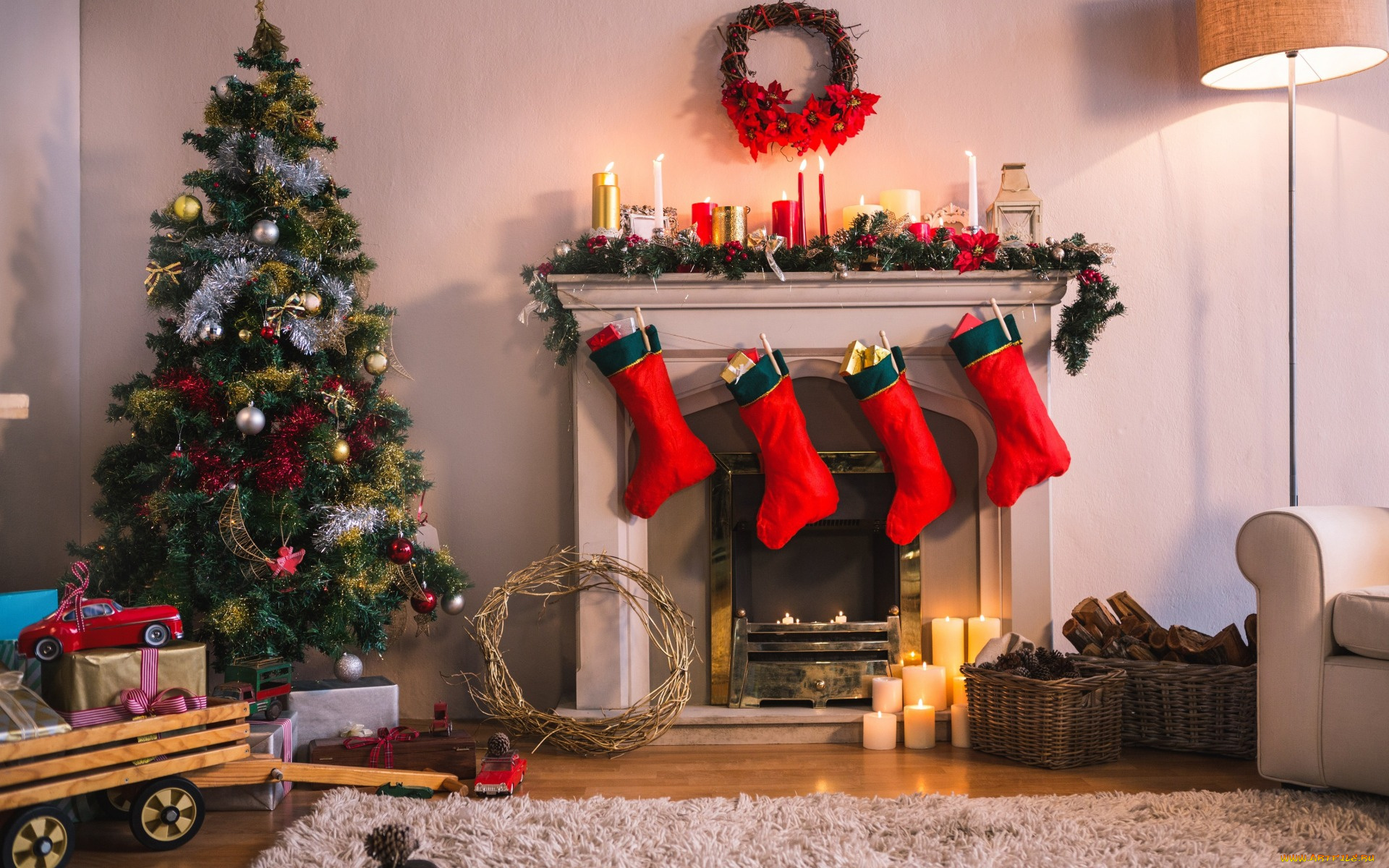 праздничные, новогодний, очаг, камин, украшения, носки, праздник, новый, год, елка, декор