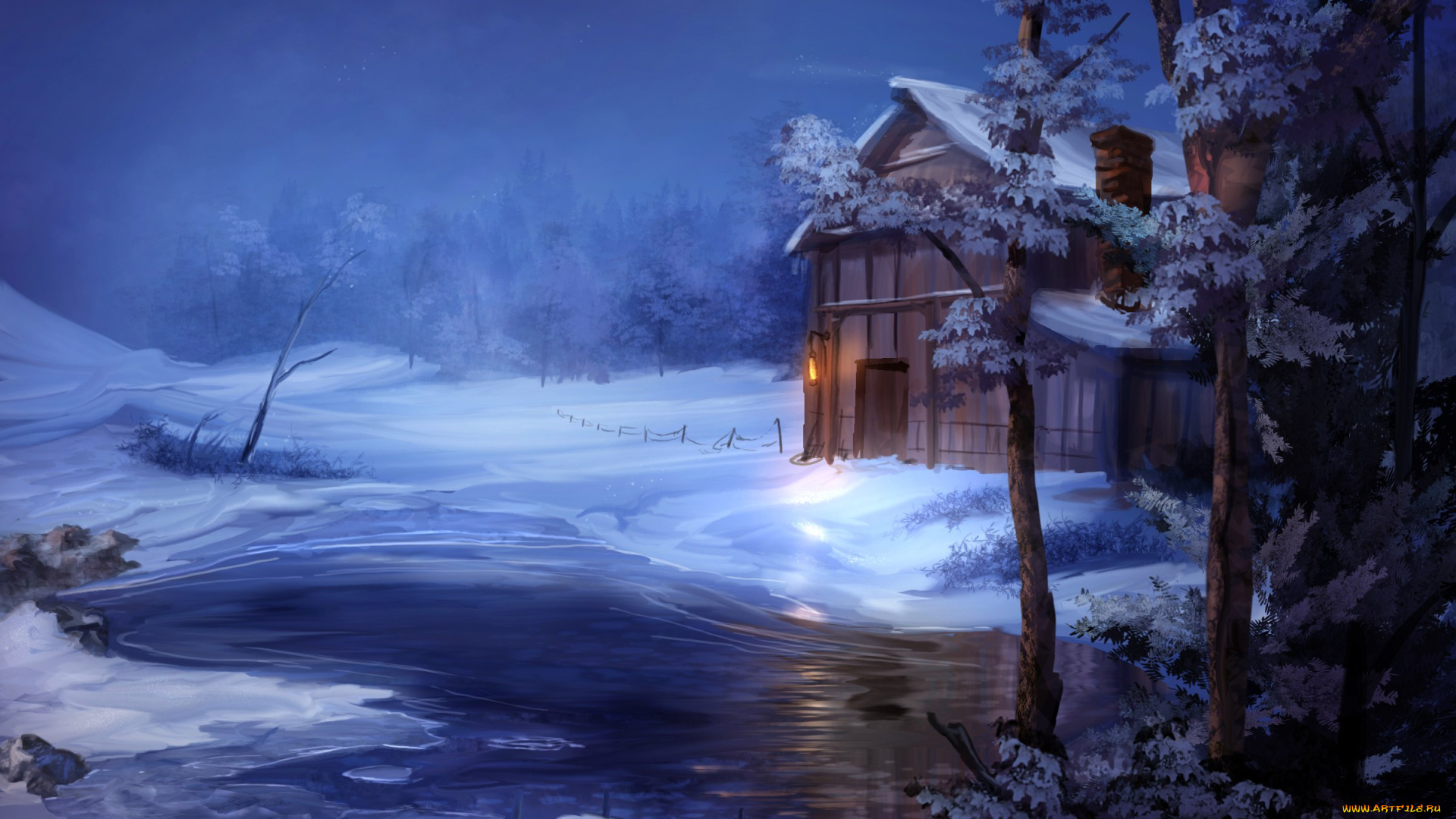 рисованное, природа, зима, снег, ручей, деревья, дом