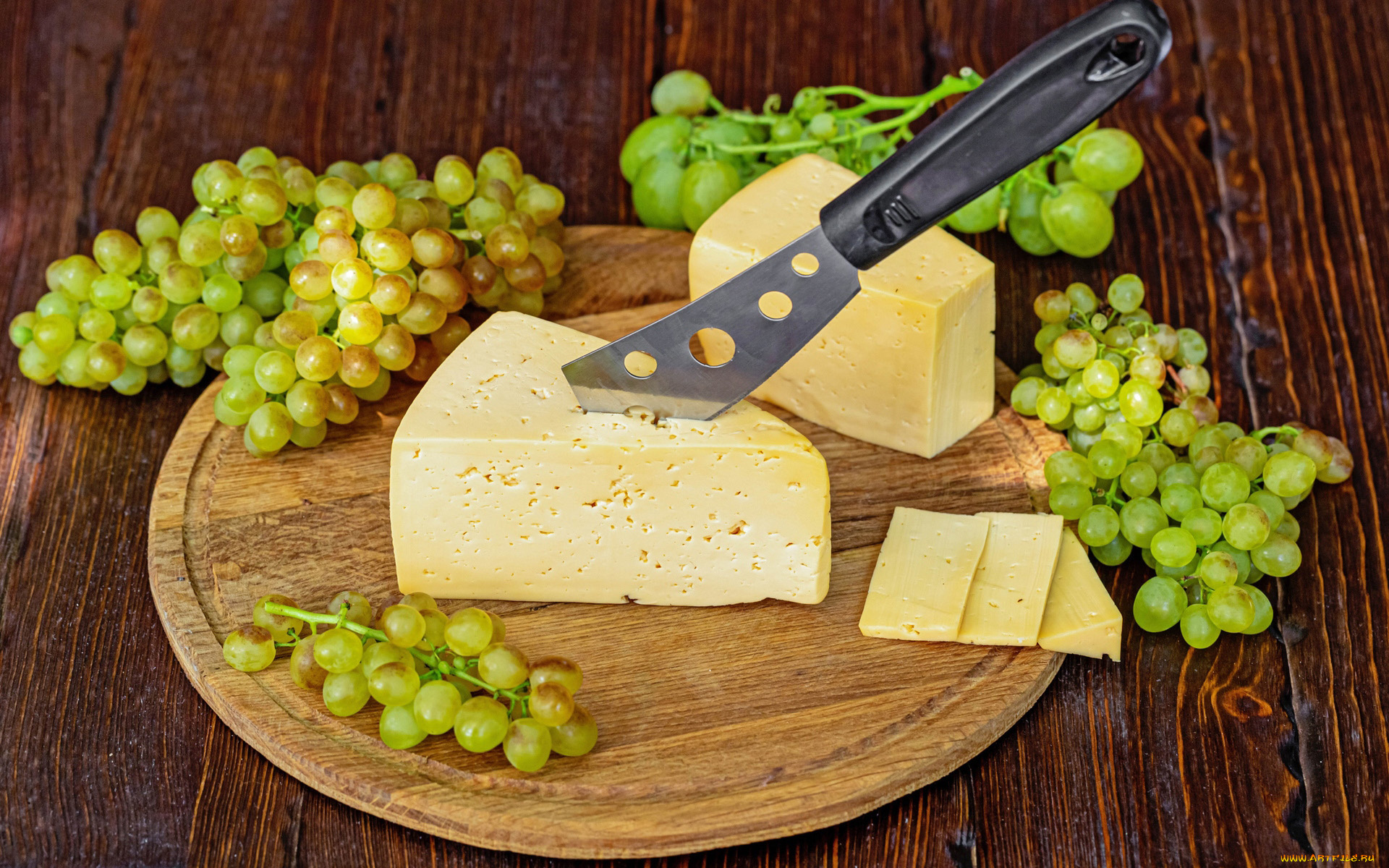 еда, сырные, изделия, виноград, зеленый, сыр, желтый, нож