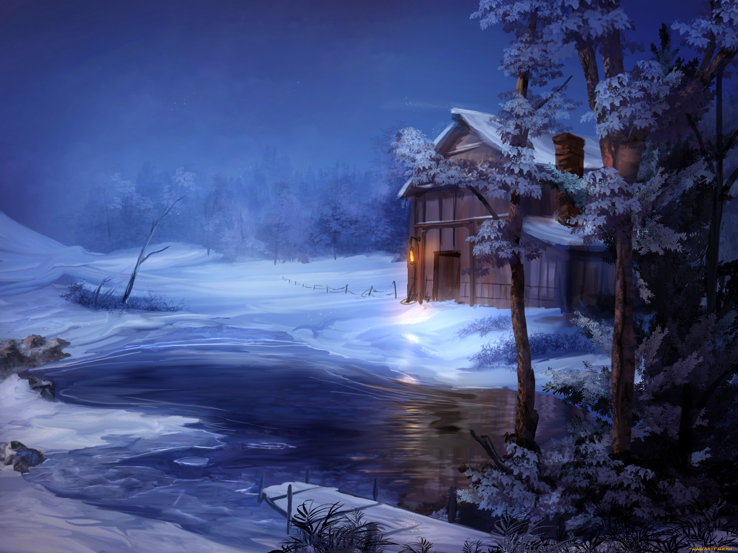 рисованное, природа, зима, снег, ручей, деревья, дом