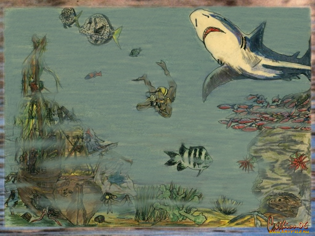 рисованные, животные, морская, фауна, акула, рыба