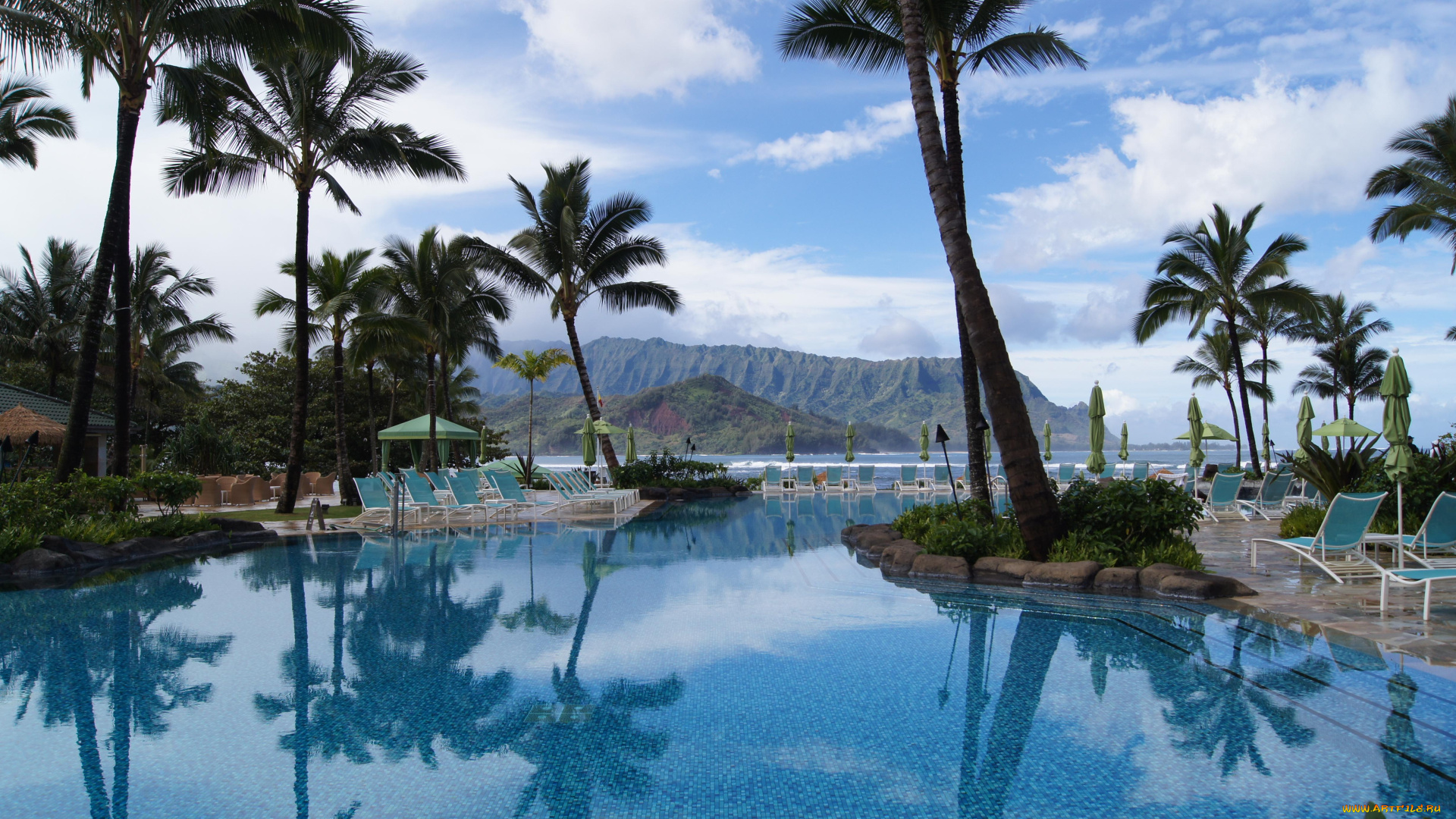 kauai, luxury, hotel, интерьер, бассейны, открытые, площадки, гавайи, пальма