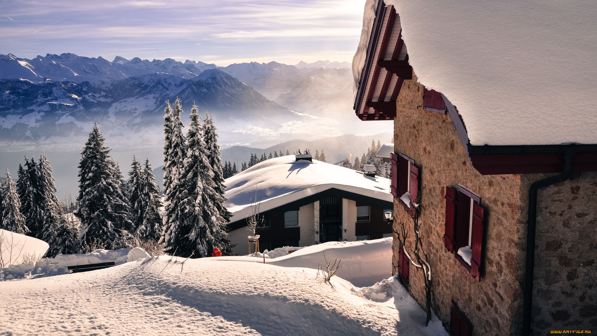 природа, зима, швейцария, снег, горы, ели, домики, пейзаж, switzerland