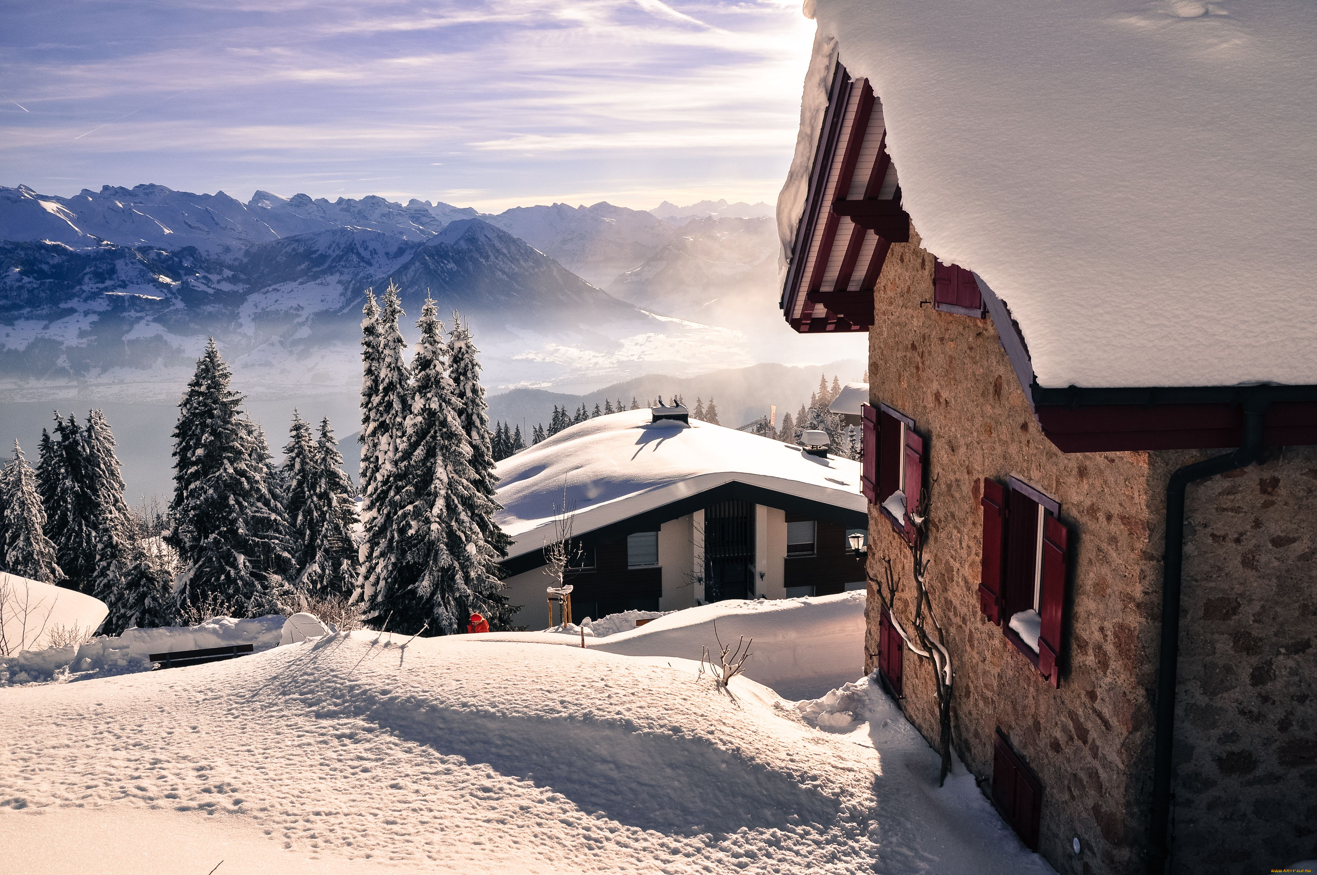 природа, зима, швейцария, снег, горы, ели, домики, пейзаж, switzerland
