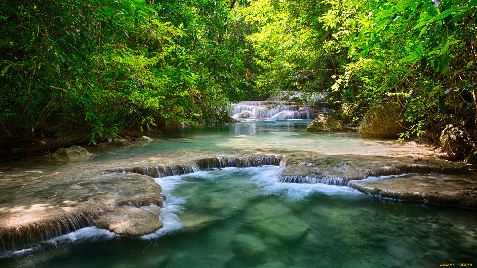 природа, радуга, тайланд, листья, зелень, деревья, водопады, река