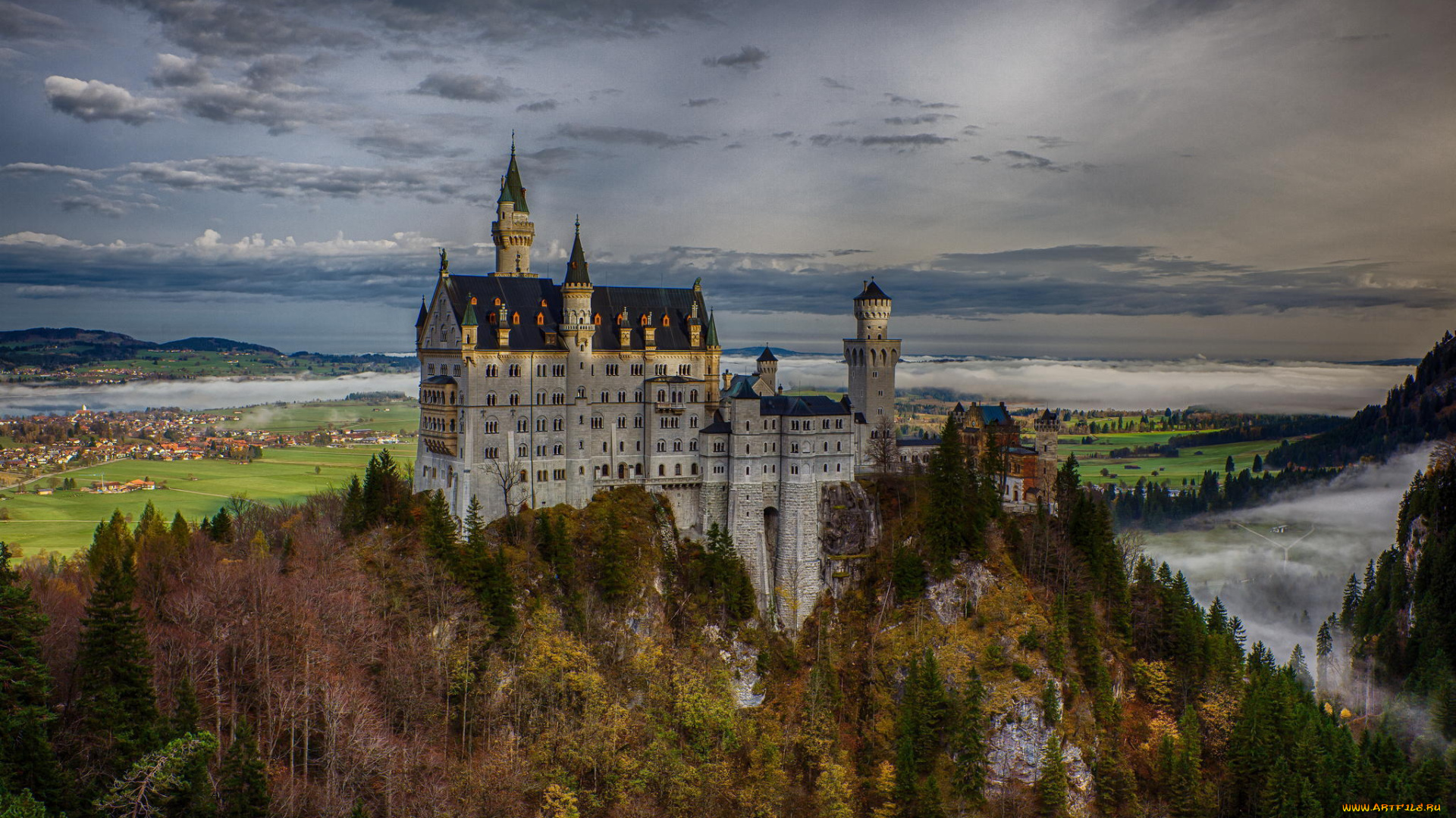 города, замок, нойшванштайн, , германия, бавария, замок, нойшванштайн, germany, neuschwanstein, castle, скала, bavaria, лес, осень