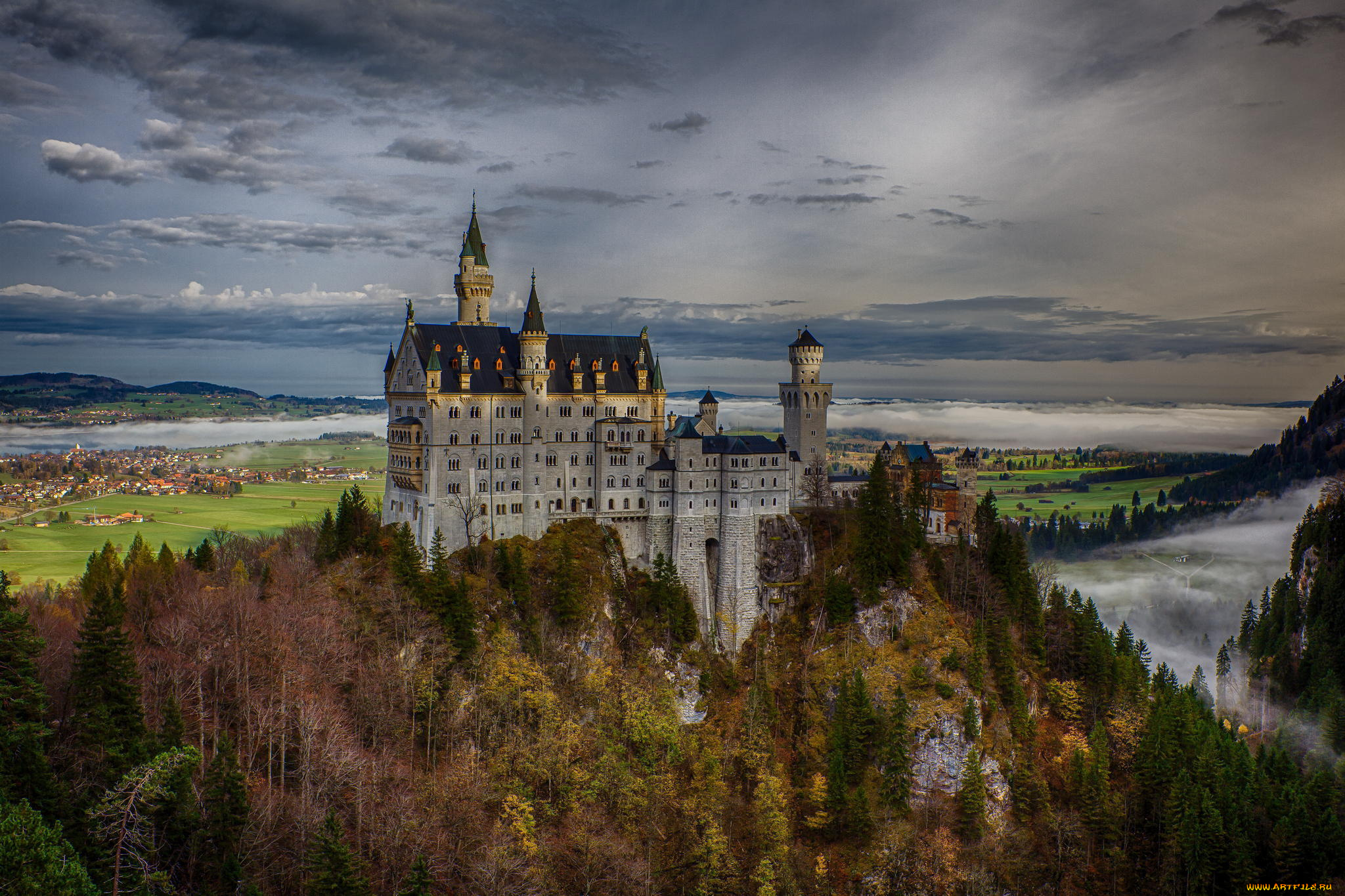 города, замок, нойшванштайн, , германия, бавария, замок, нойшванштайн, germany, neuschwanstein, castle, скала, bavaria, лес, осень