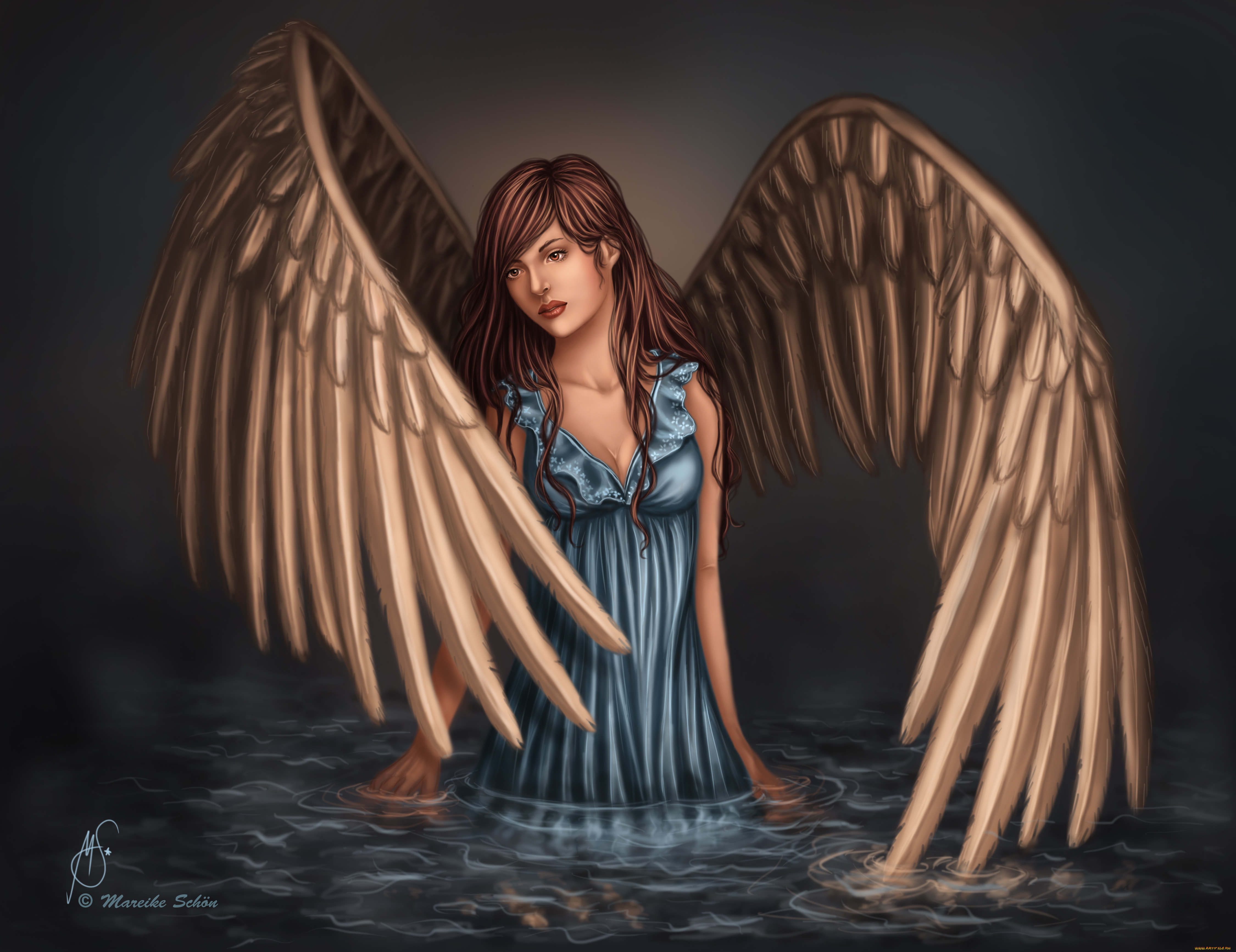 фэнтези, ангелы, лицо, взгляд, голубое, платье, крылья, ангел, девушка, отражение, вода