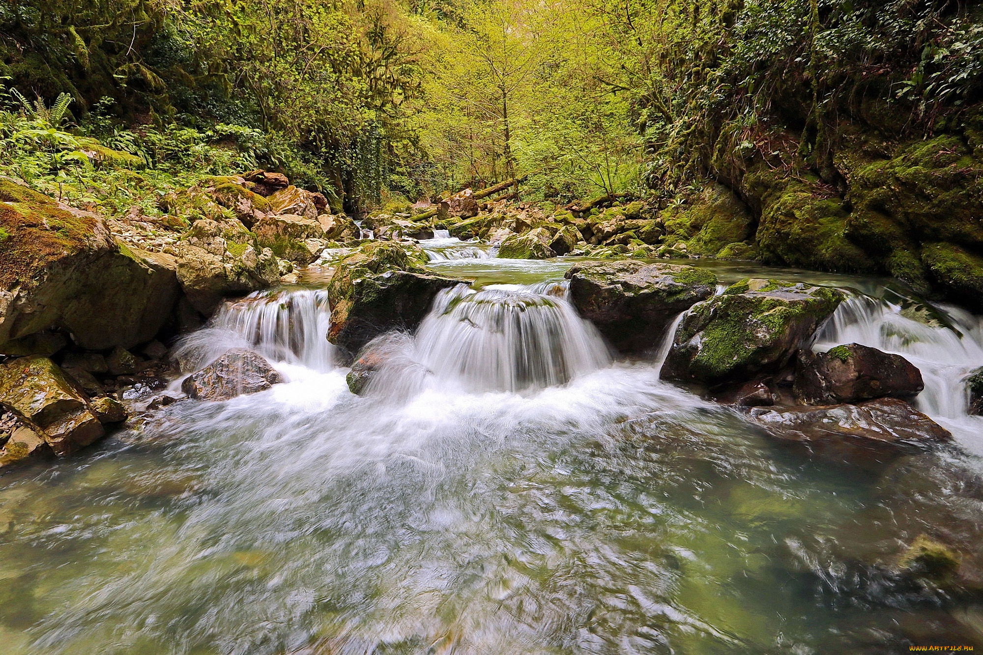 природа, водопады, поток, камни