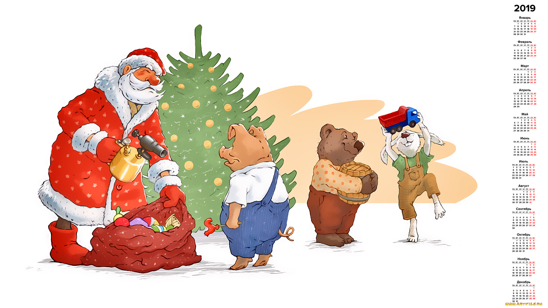 календари, праздники, , салюты, мешок, дед, мороз, свинья, кабан, медведь, заяц, елка