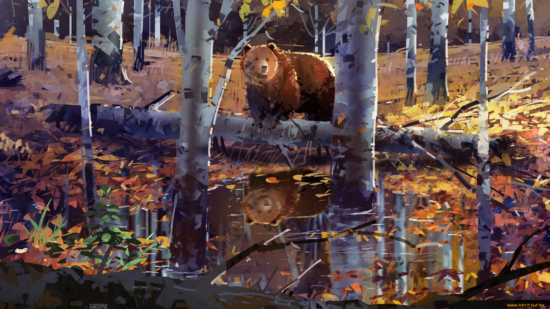 рисованное, животные, , медведи, лес, осень, медведь, лужа