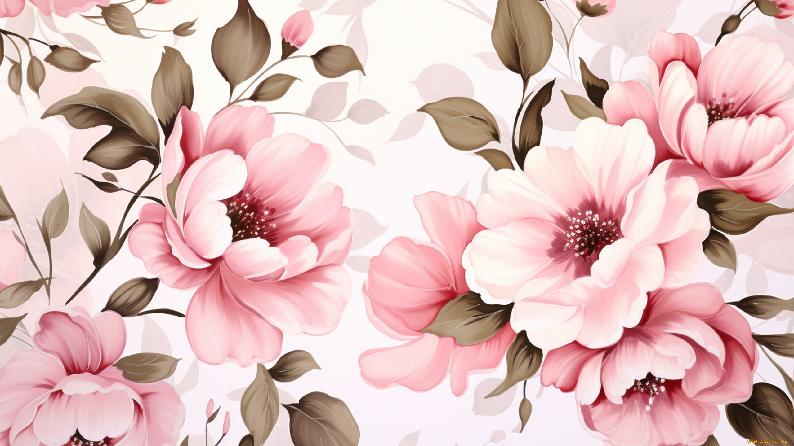 рисованное, цветы, листья, текстура, весна, белый, фон, розовые, пионы, пион