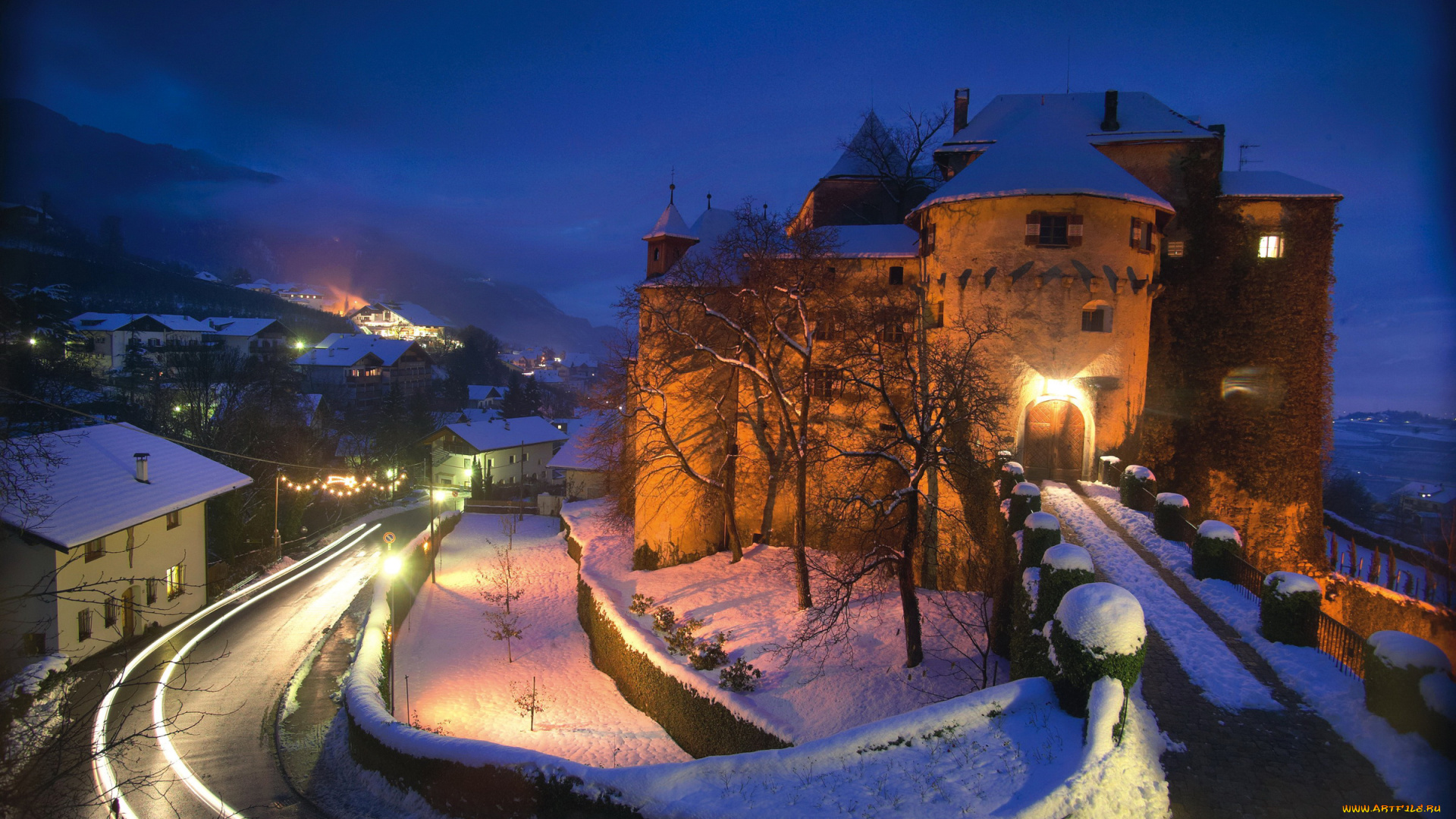 замок, schenna, италия, города, -, дворцы, , замки, , крепости, дорога, огни, зима, снег, ночь, италия, schenna, замок