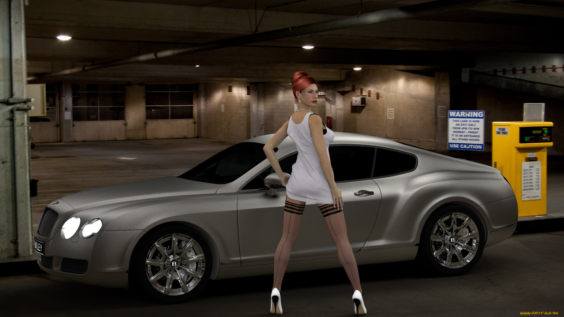 автомобили, 3d, car&girl, фон, взгляд, девушка, автомобиль, рыжая