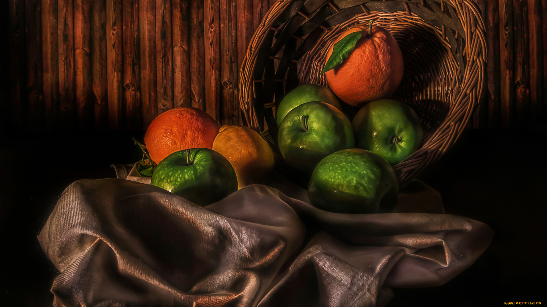 еда, натюрморт, апельсины, ткань, яблоки, лимон, корзина, fruit, basket