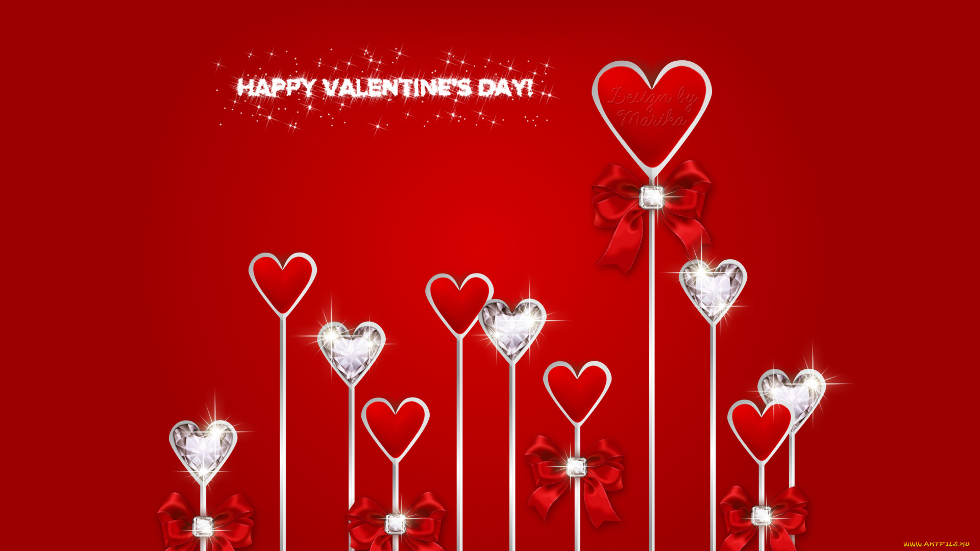 праздничные, день, святого, валентина, , сердечки, , любовь, happy, бриллианты, бант, сердце, design, by, marika, valentines, day, red, diamonds, romantic, heart, love