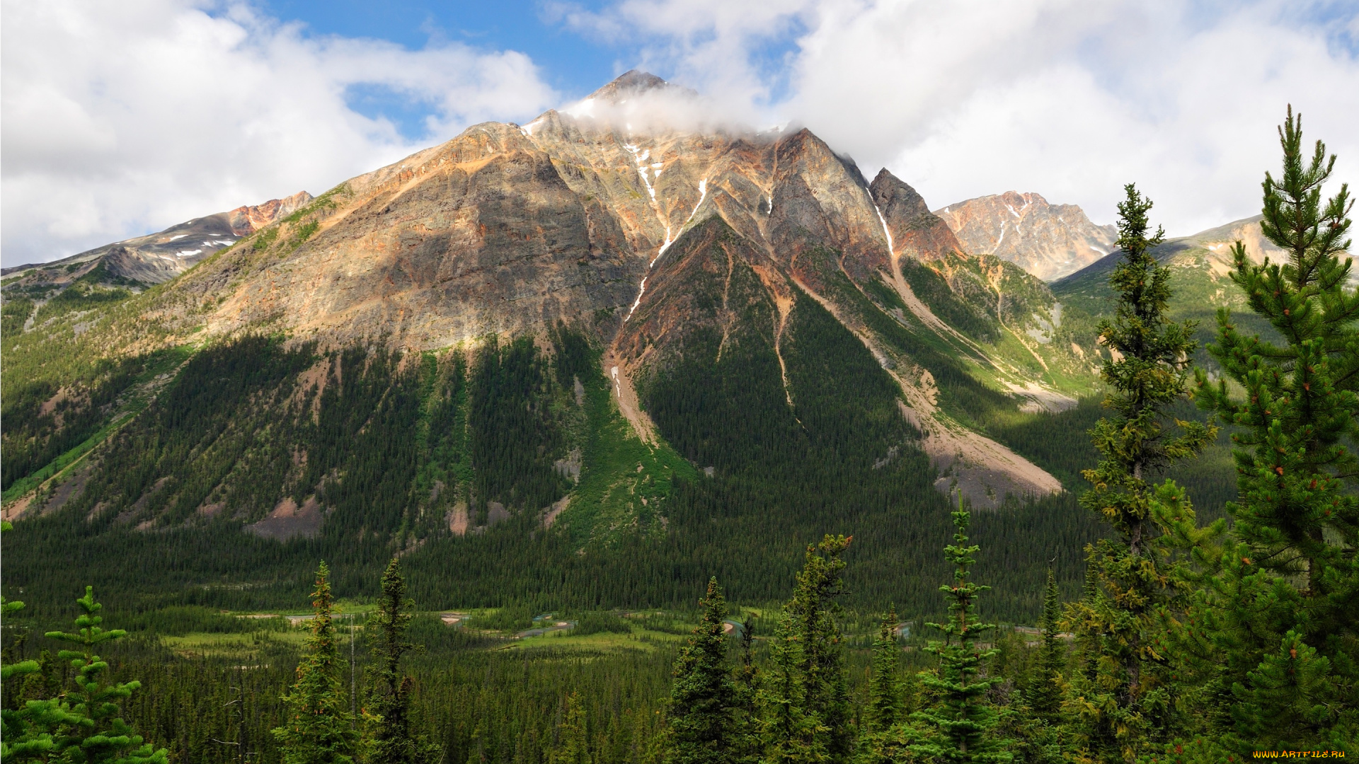 природа, горы, pyramid, mountain, jasper, national, park, деревья, небо, канада, альберта