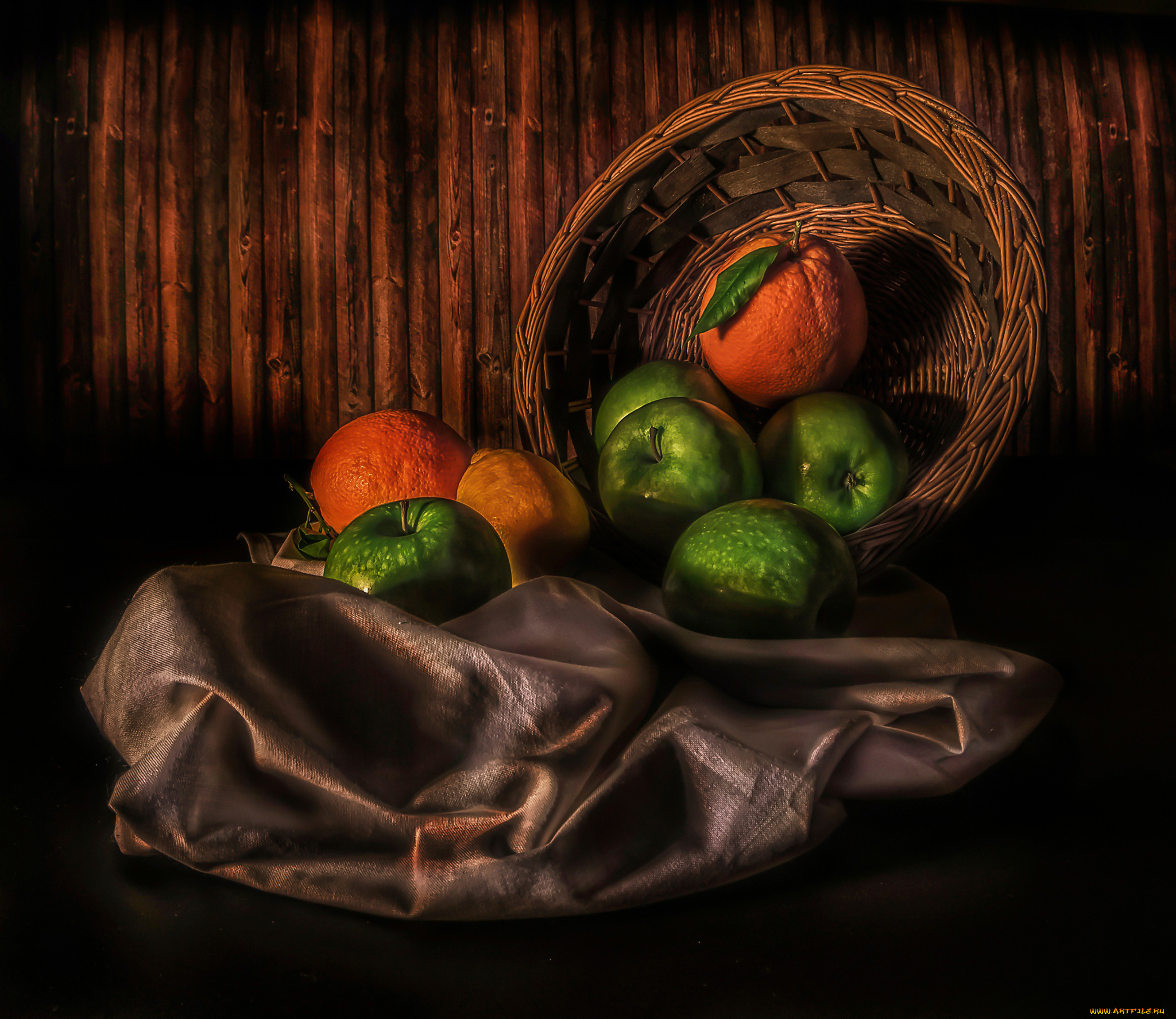 еда, натюрморт, апельсины, ткань, яблоки, лимон, корзина, fruit, basket