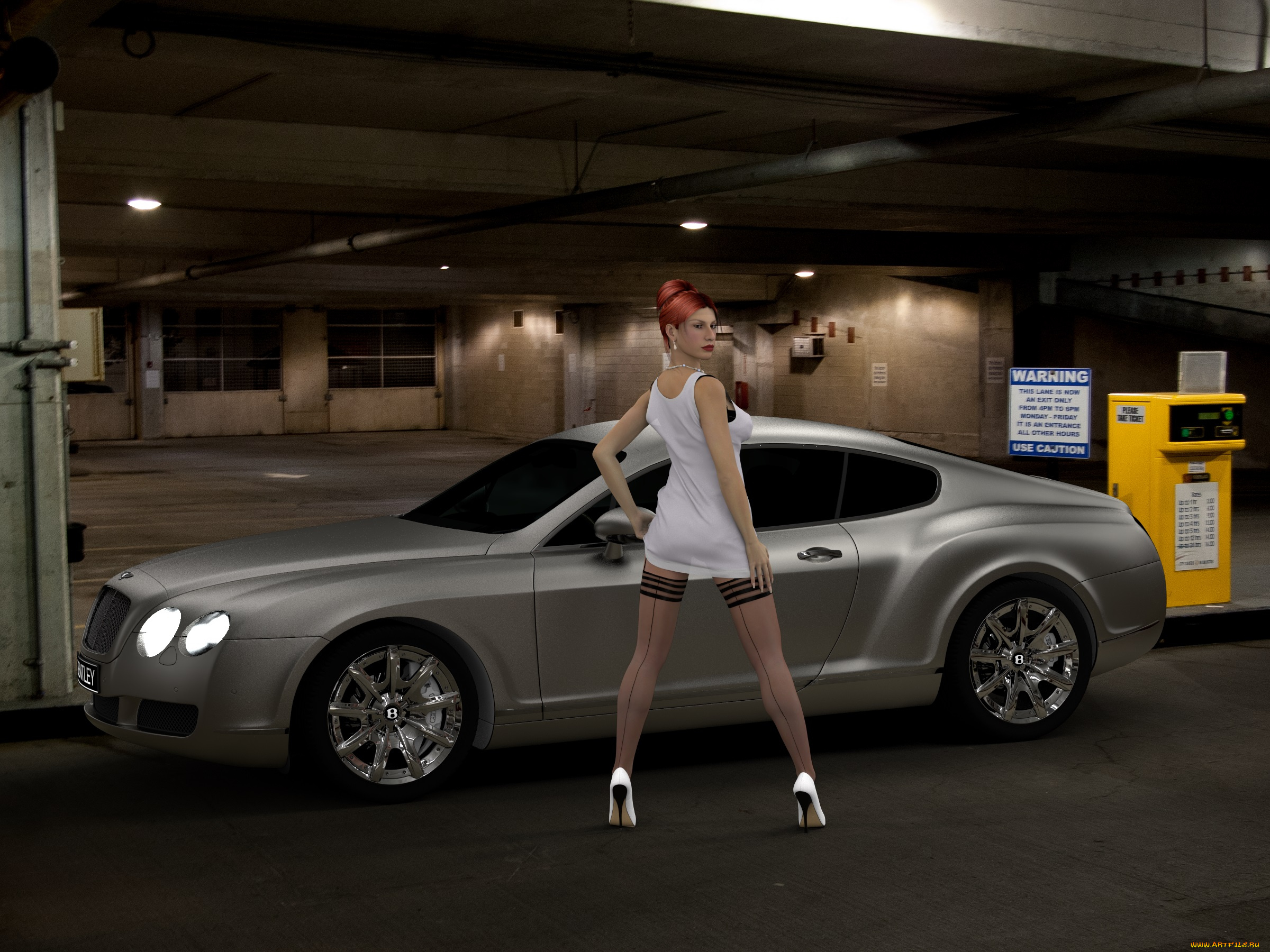 автомобили, 3d, car&girl, фон, взгляд, девушка, автомобиль, рыжая