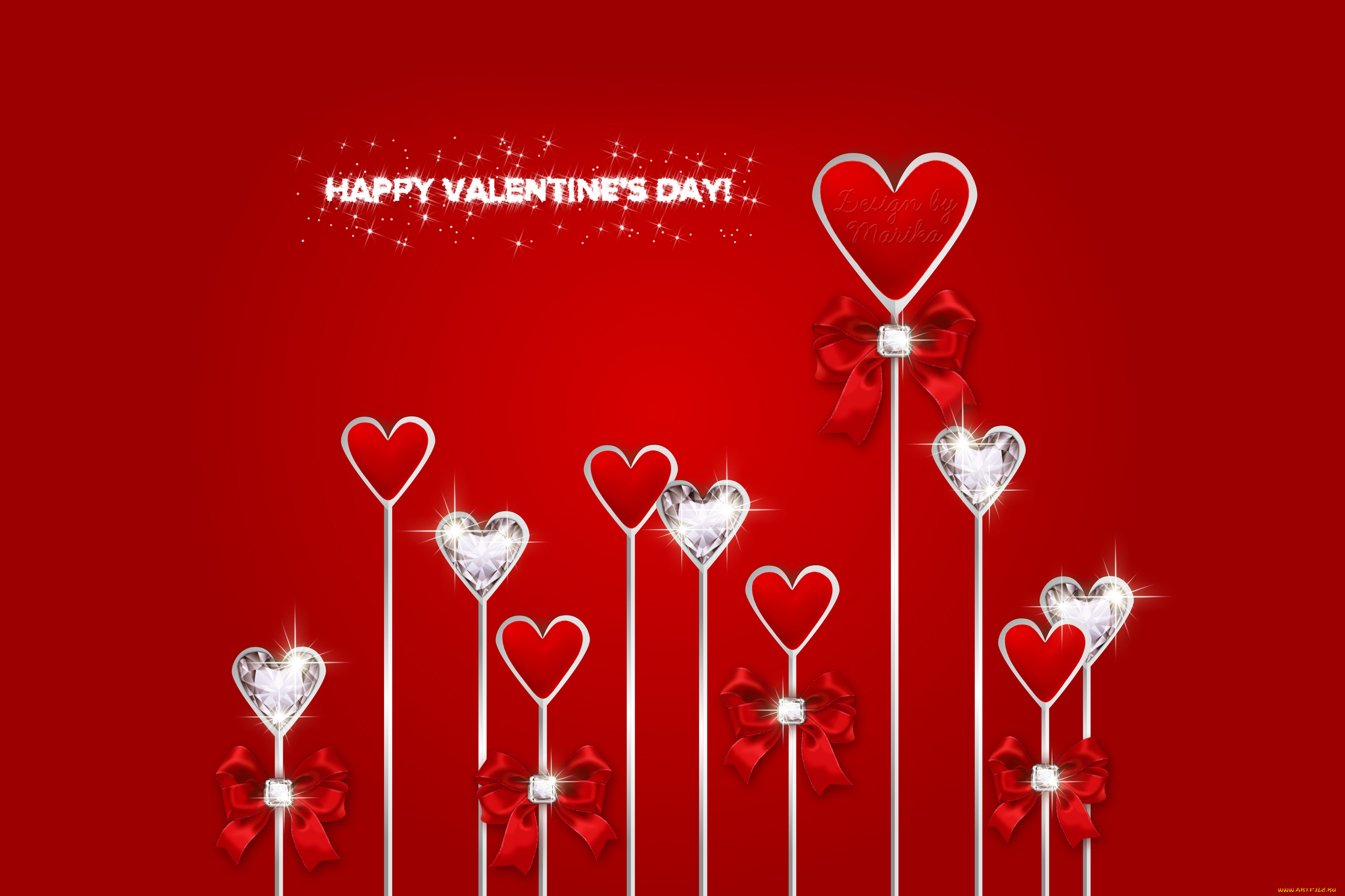 праздничные, день, святого, валентина, , сердечки, , любовь, happy, бриллианты, бант, сердце, design, by, marika, valentines, day, red, diamonds, romantic, heart, love