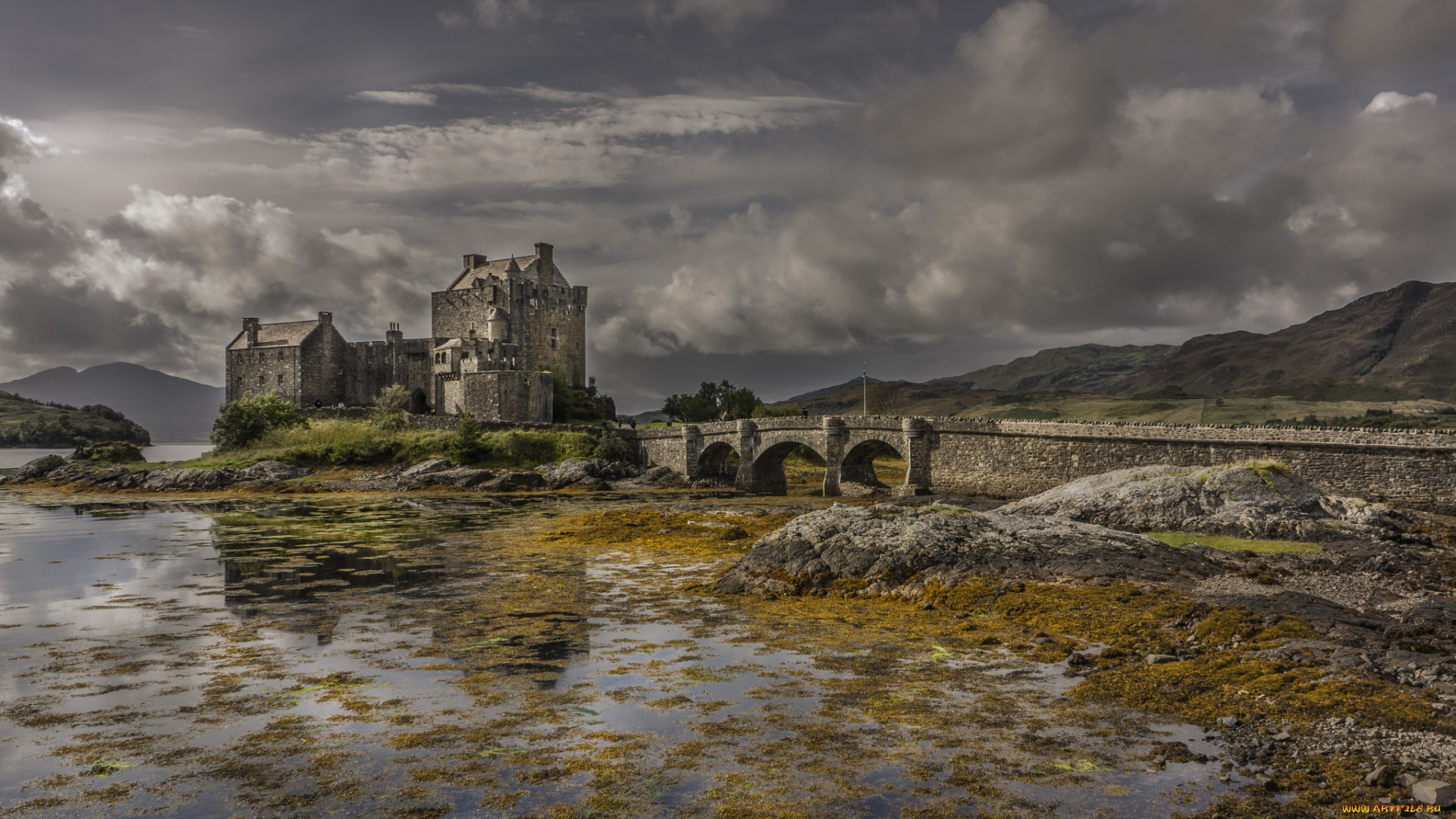 eilean, donan, castle, города, замок, эйлен-донан, , шотландия, мост, озеро, горы, замок