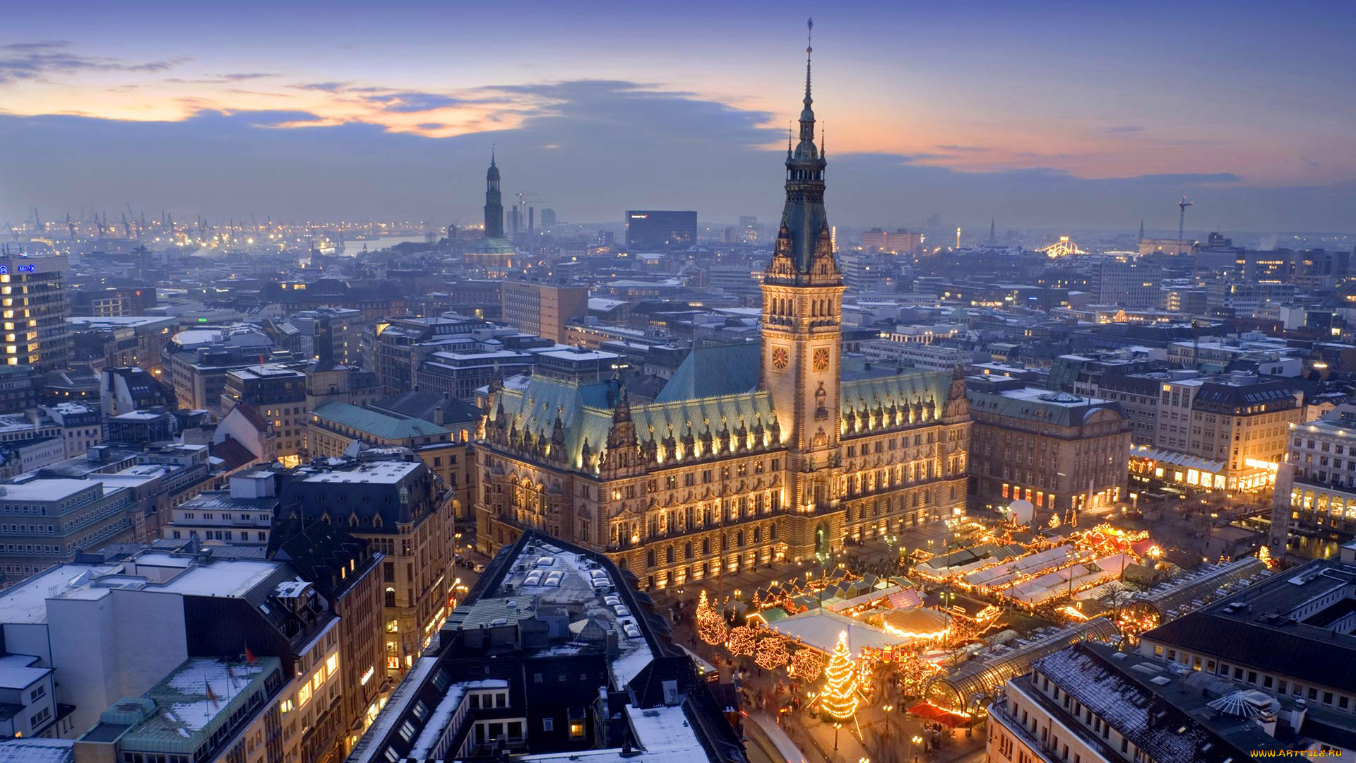 города, гамбург, , германия, панорама, рождество, рынок, ратуша, гамбург, праздник
