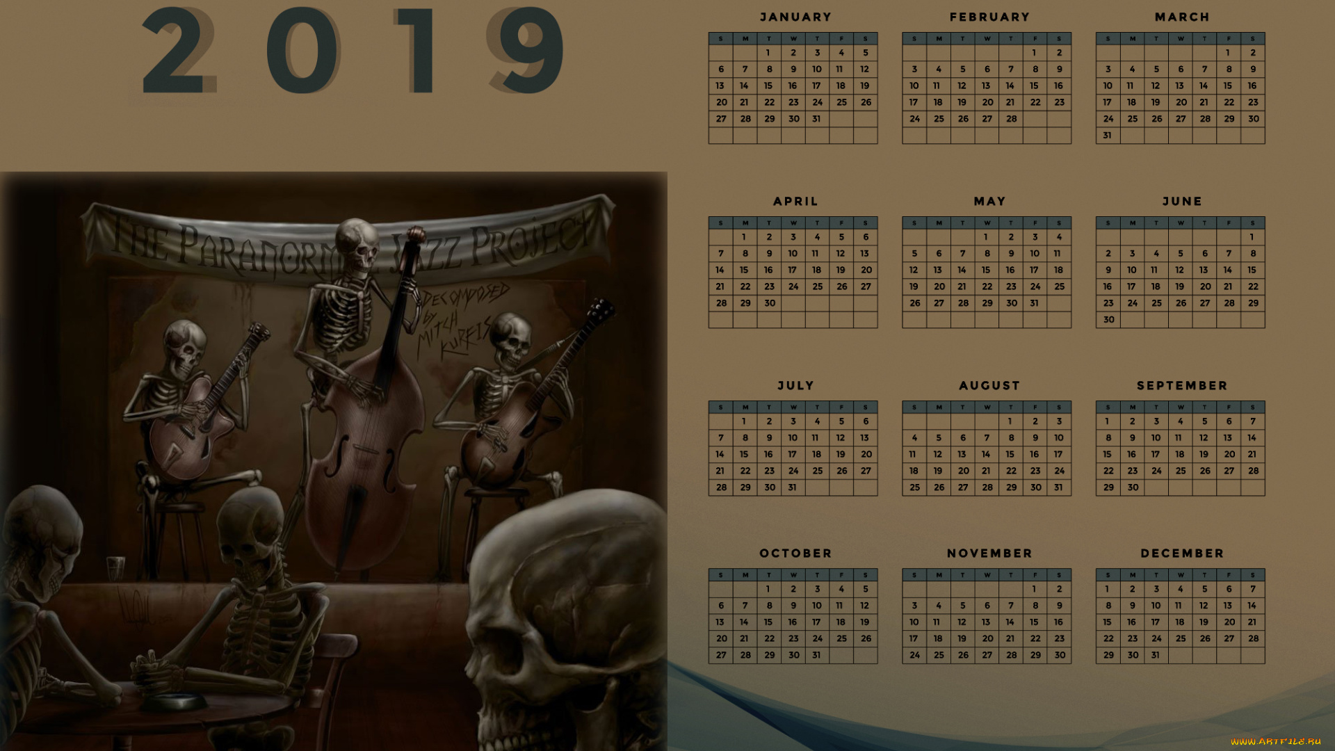 календари, фэнтези, скелет, гитара, контрабас
