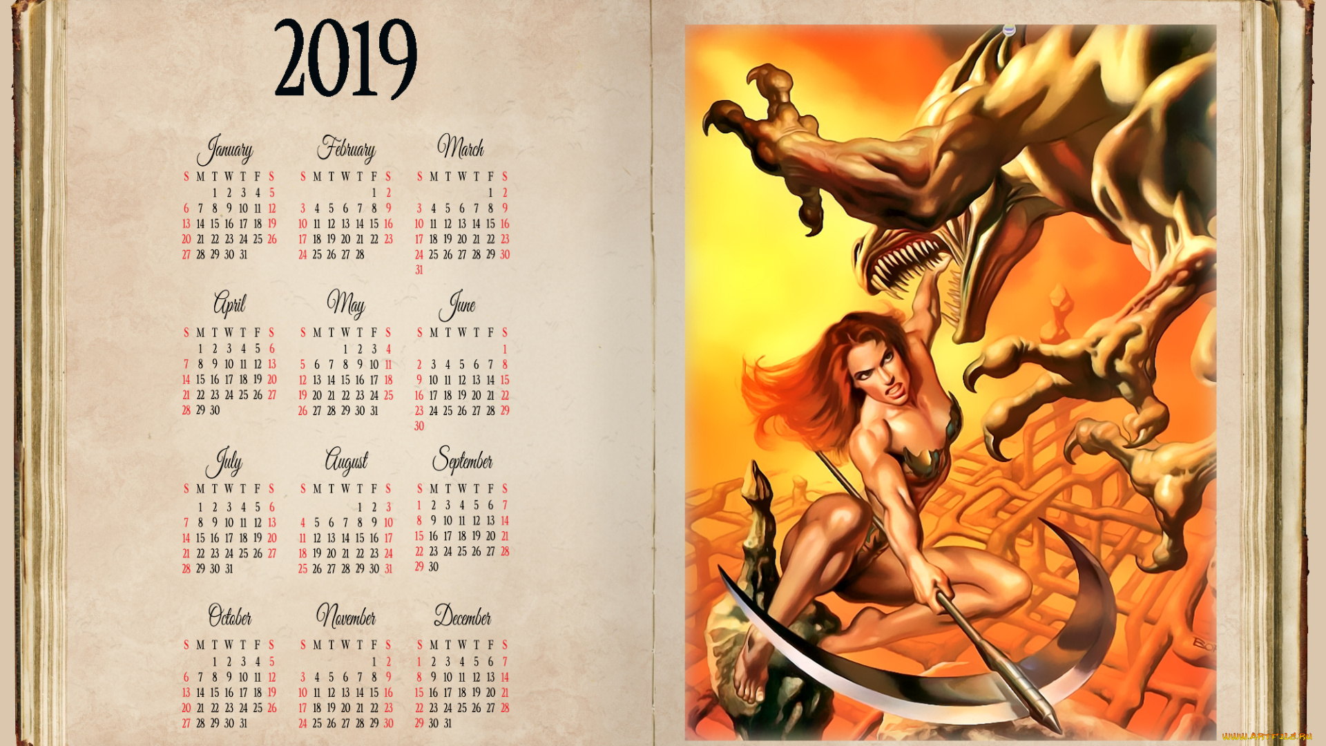 календари, фэнтези, воительница, девушка, оружие, монстр, существо