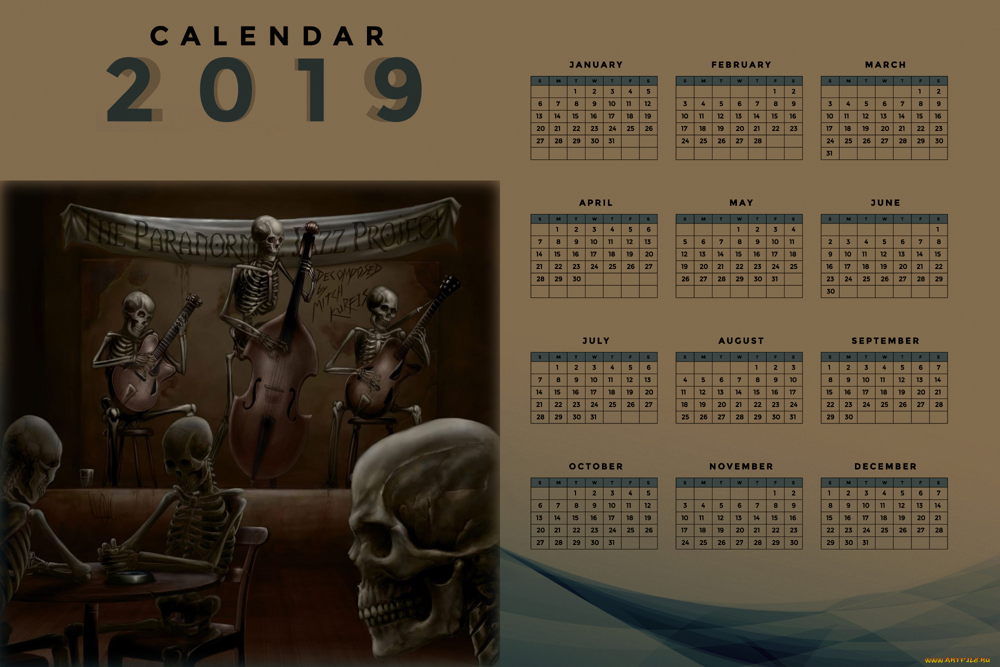 календари, фэнтези, скелет, гитара, контрабас