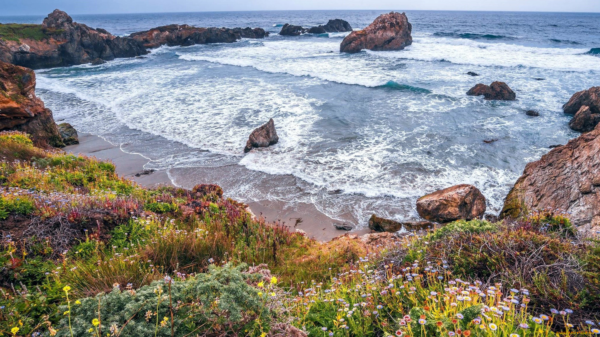 природа, побережье, скалы, берег, море, волны