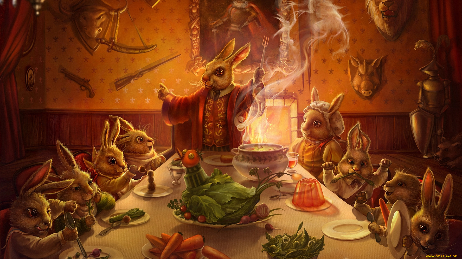 фэнтези, существа, зайцы, кролики, семейка, обед, трофеи, картина