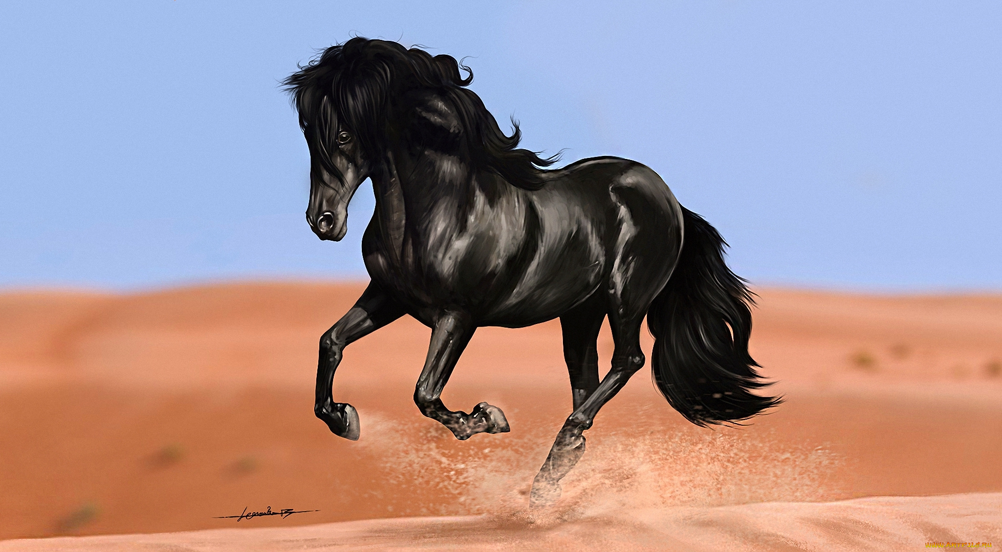 рисованные, животные, , лошади, дюны, песок, бег, конь, вороной, арт