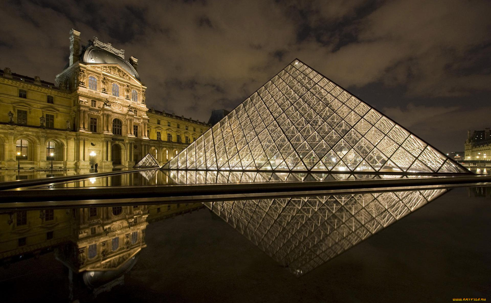 города, париж, , франция, пирамида, музей, дворец, лувр, ночь
