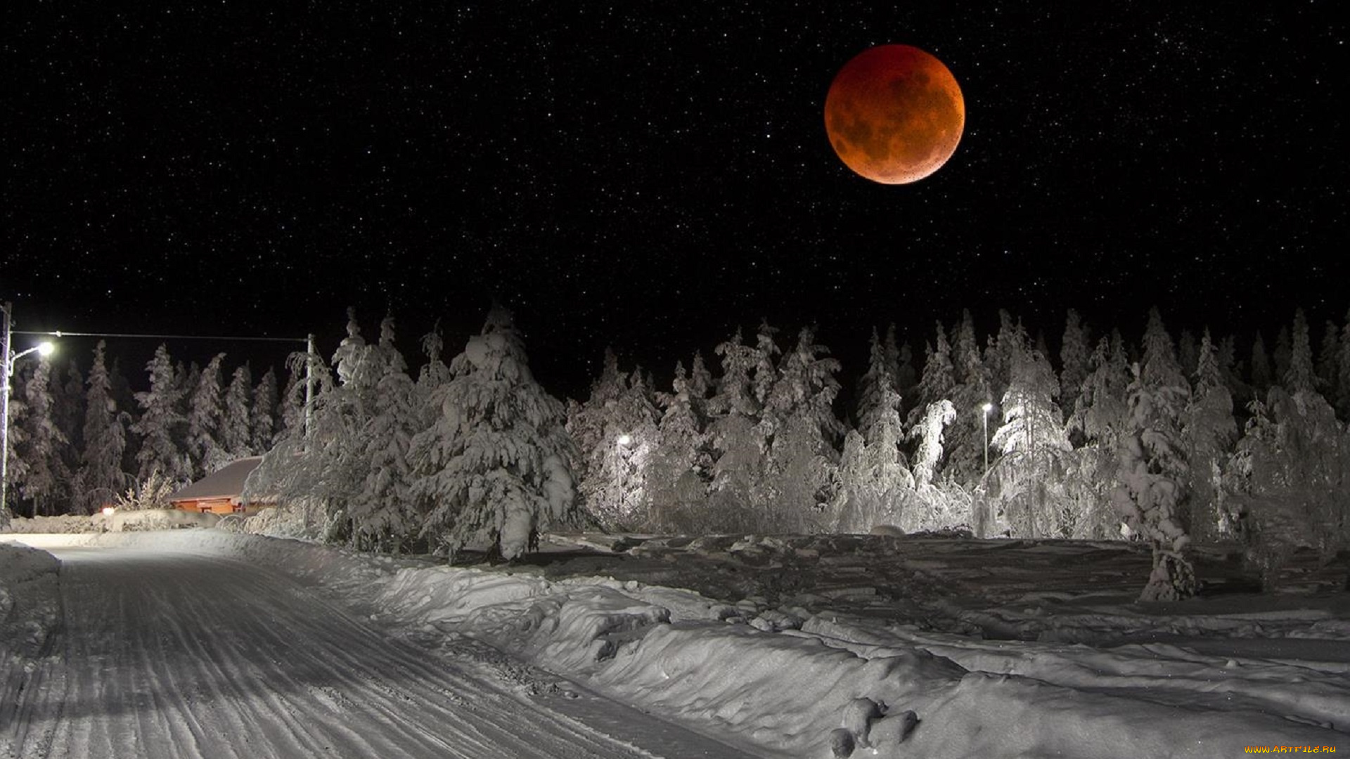 природа, дороги, ночь, дорога, лес, снег, небо, красная, луна, lapland