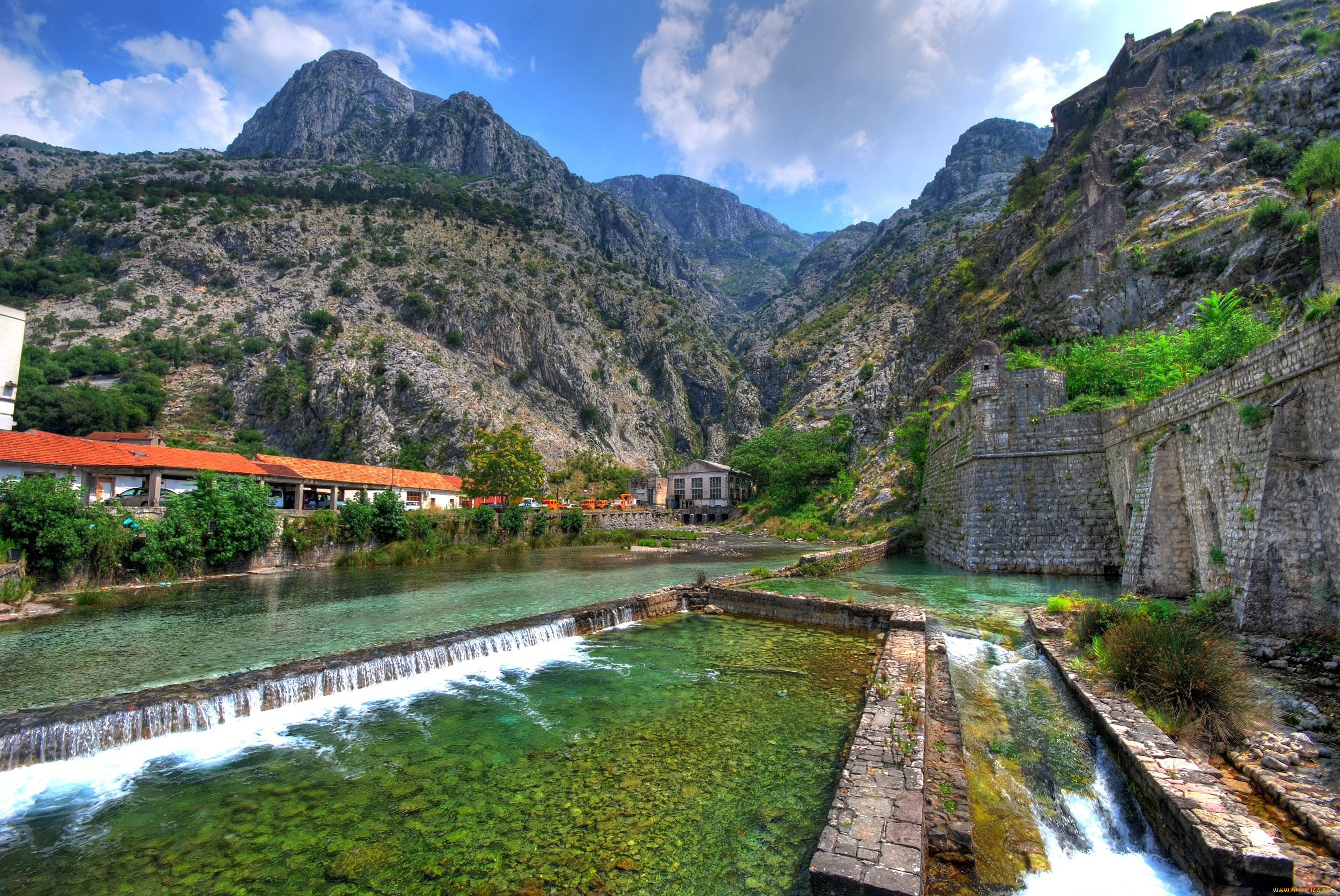 города, -, пейзажи, Черногория, kotor, горы, стена, ручей, скалы