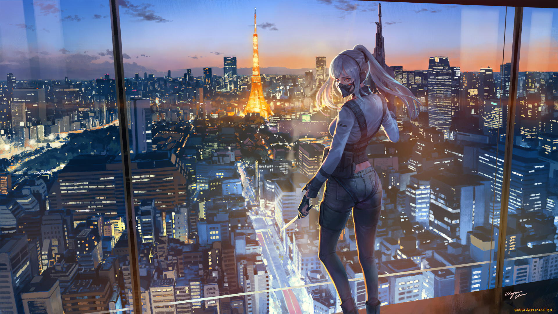 аниме, girls, frontline, девушка, оружие, окно, панорама, город