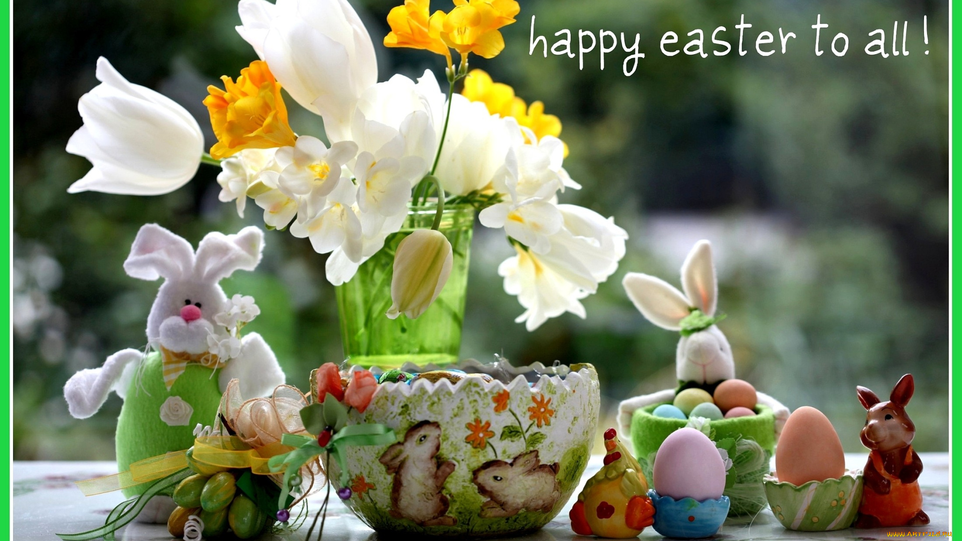 праздничные, пасха, цветы, кролики, яйца