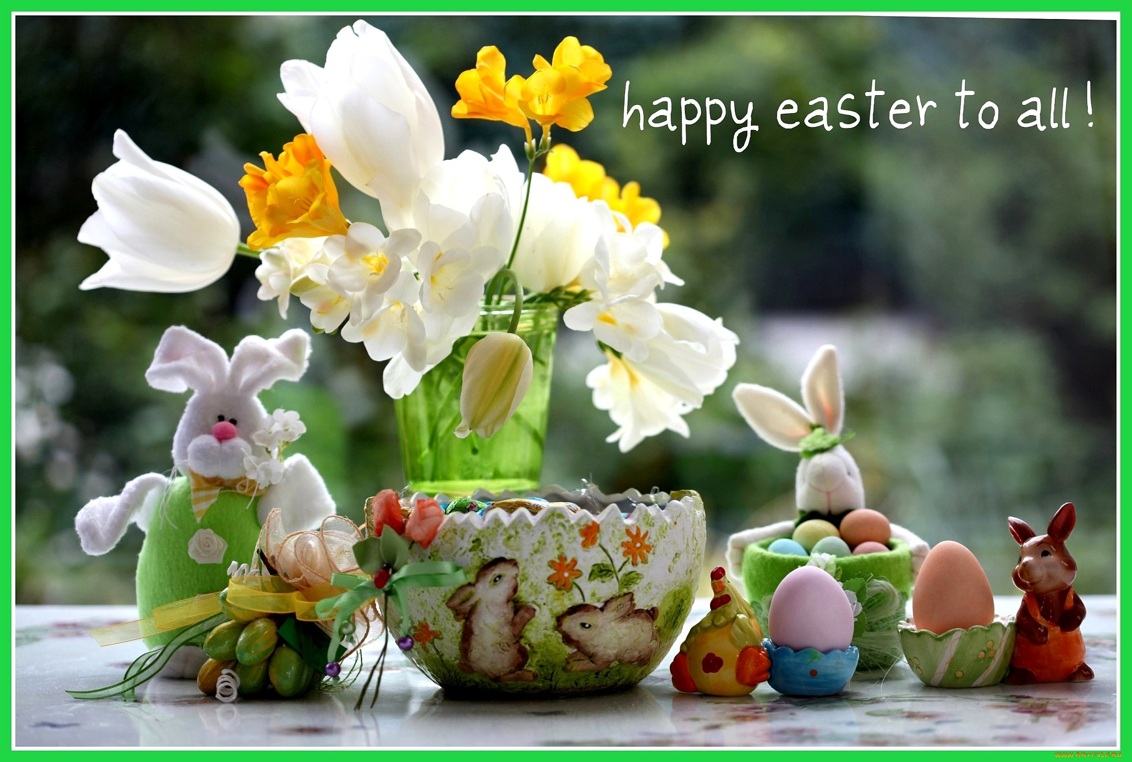праздничные, пасха, цветы, кролики, яйца